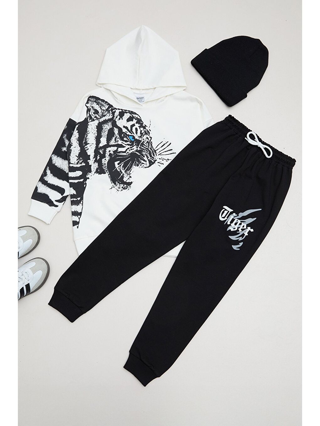 Ekru Kaplan Baskılı Kapüşonlu Erkek Çocuk 2 Li Takım