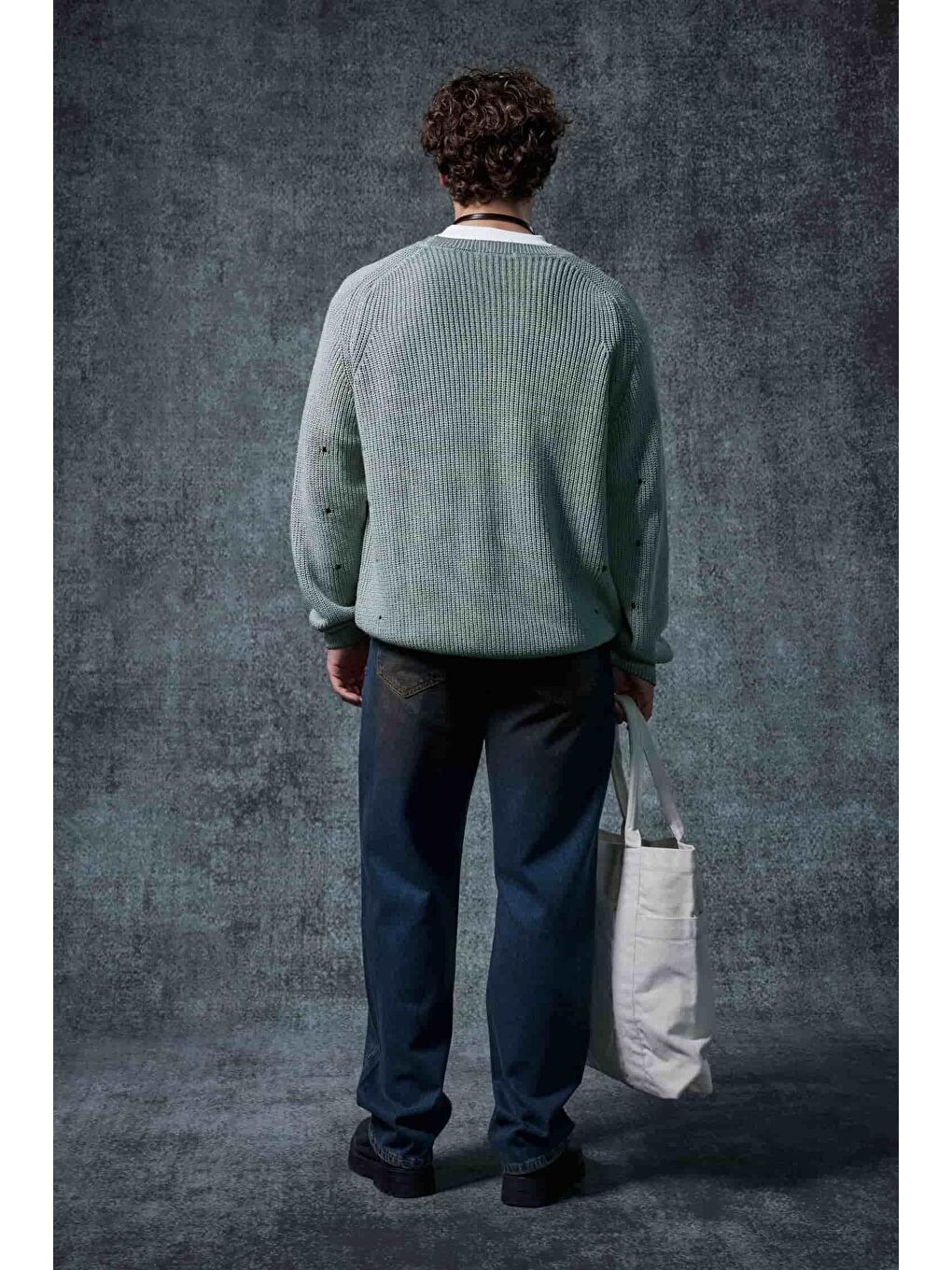 Mavi Erkek Oversize Yıkamalı Distressed Triko Kazak Mint-6