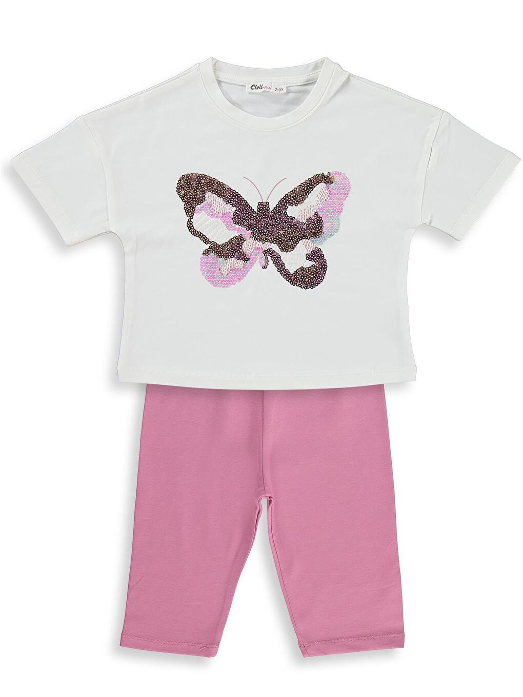 Girls Kelebek Nakışlı 2-5 Yaş Takım - Ekru-Soft Pembe