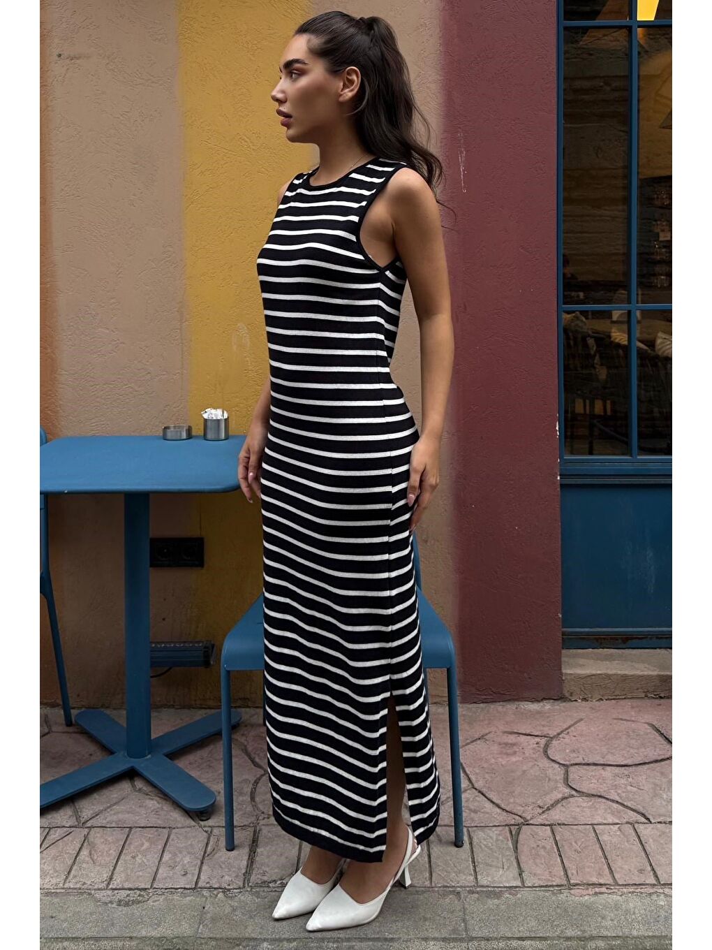 Lacivert Bisiklet Yaka Çizgili Günlük Elbise Mg2803-1