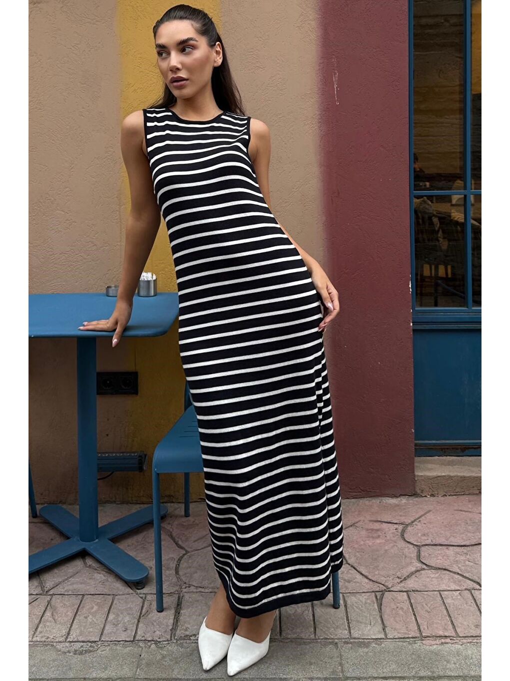Lacivert Bisiklet Yaka Çizgili Günlük Elbise Mg2803-2