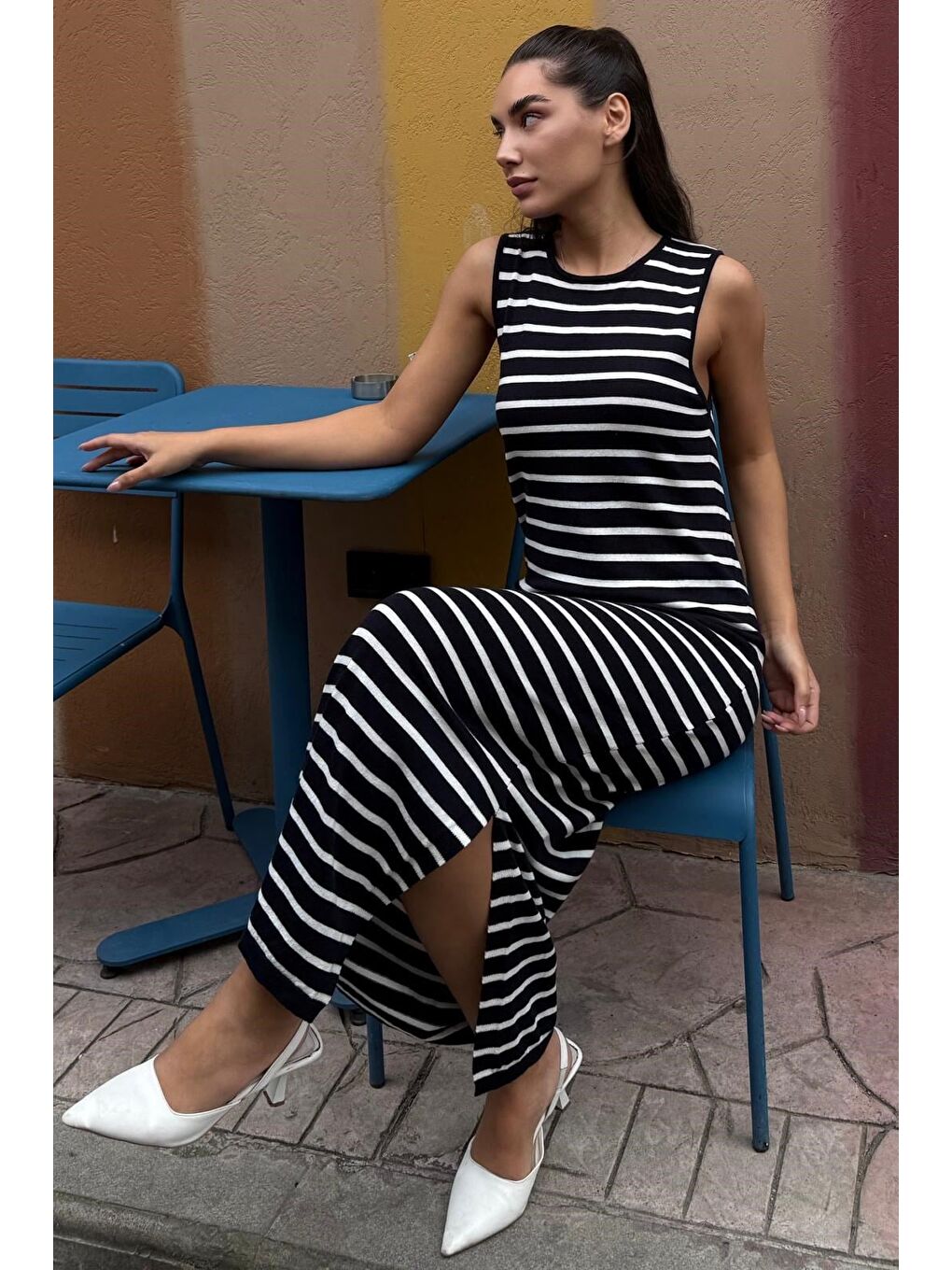 Lacivert Bisiklet Yaka Çizgili Günlük Elbise Mg2803-3