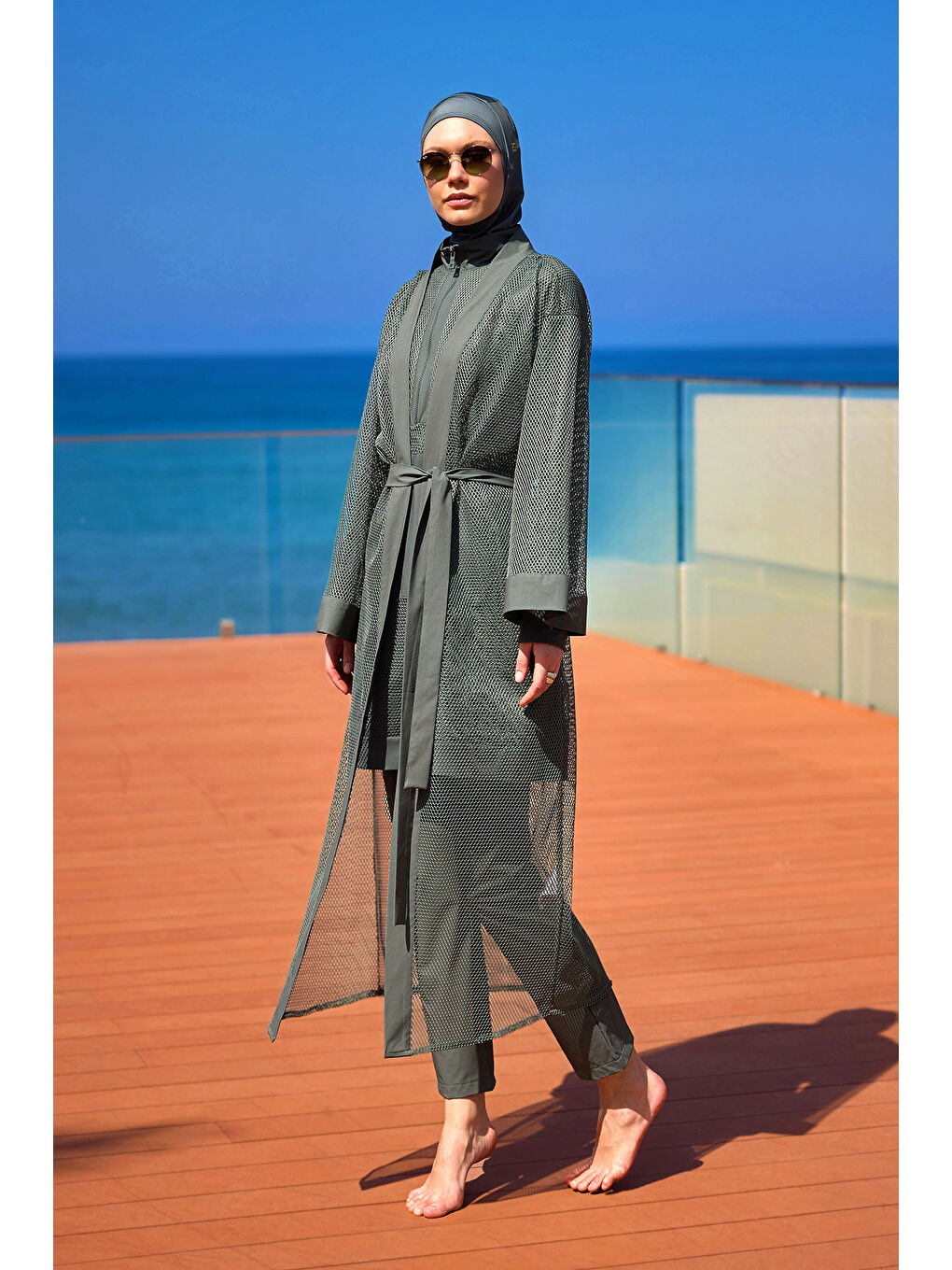 Haki Tül Detaylı Pareo Kaftan  P2501-3-1