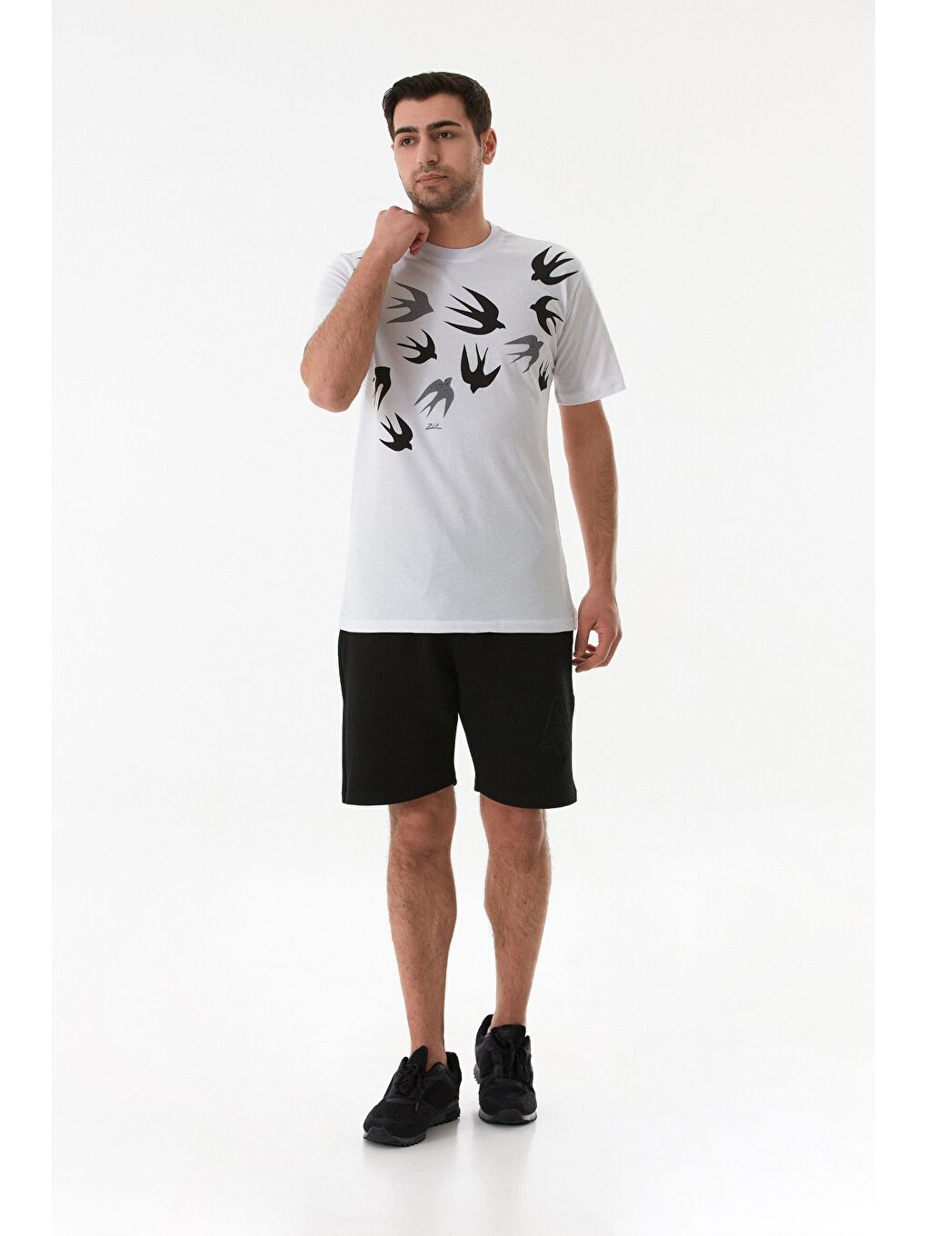 Beyaz Kuş Baskılı Bisiklet Yaka Tişört-3