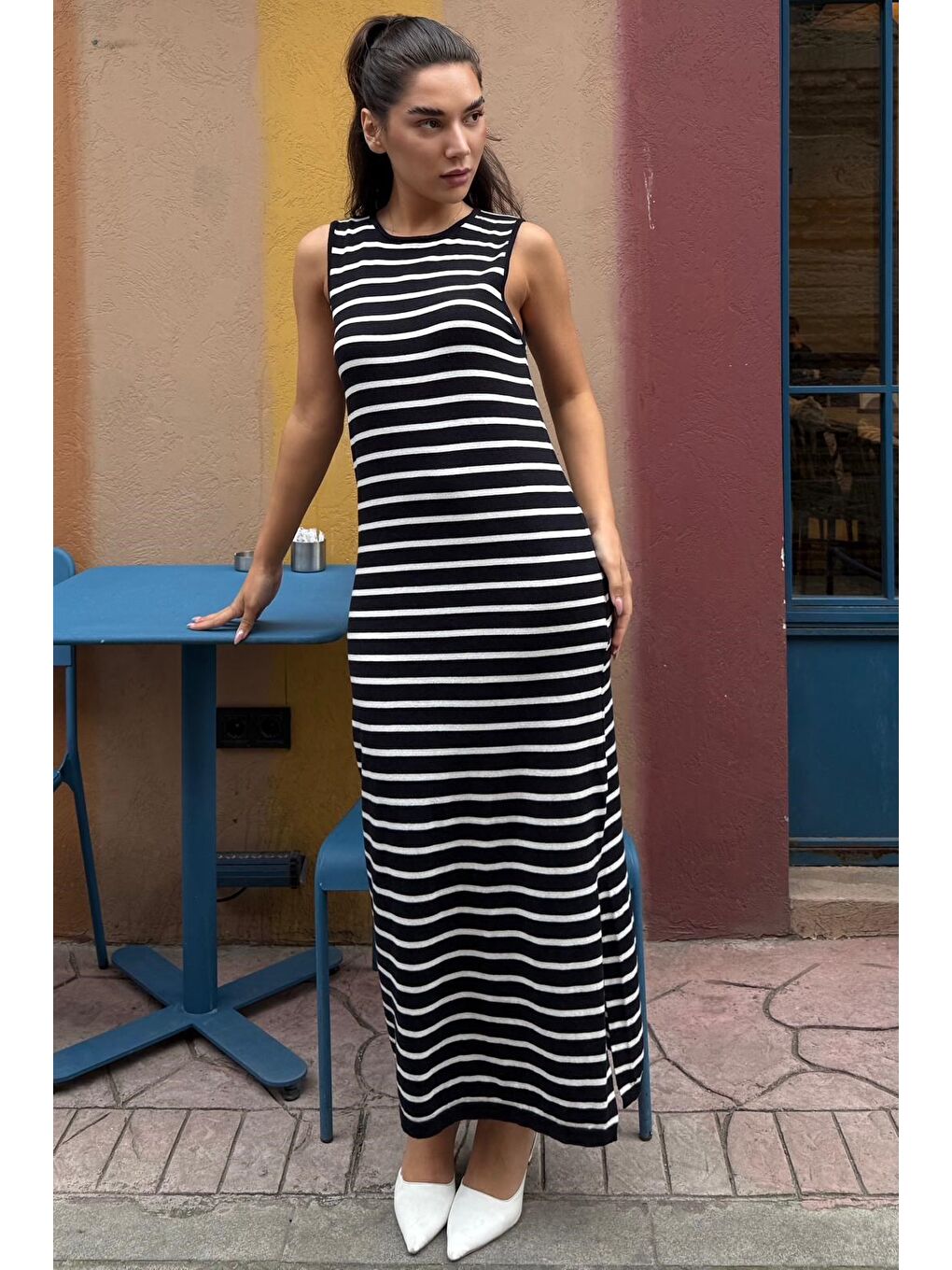 Lacivert Bisiklet Yaka Çizgili Günlük Elbise Mg2803-4