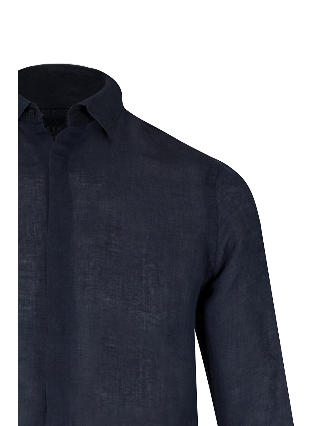 Lacivert Comfort Fit Gizli Düğmeli Yaka Keten Gömlek-1