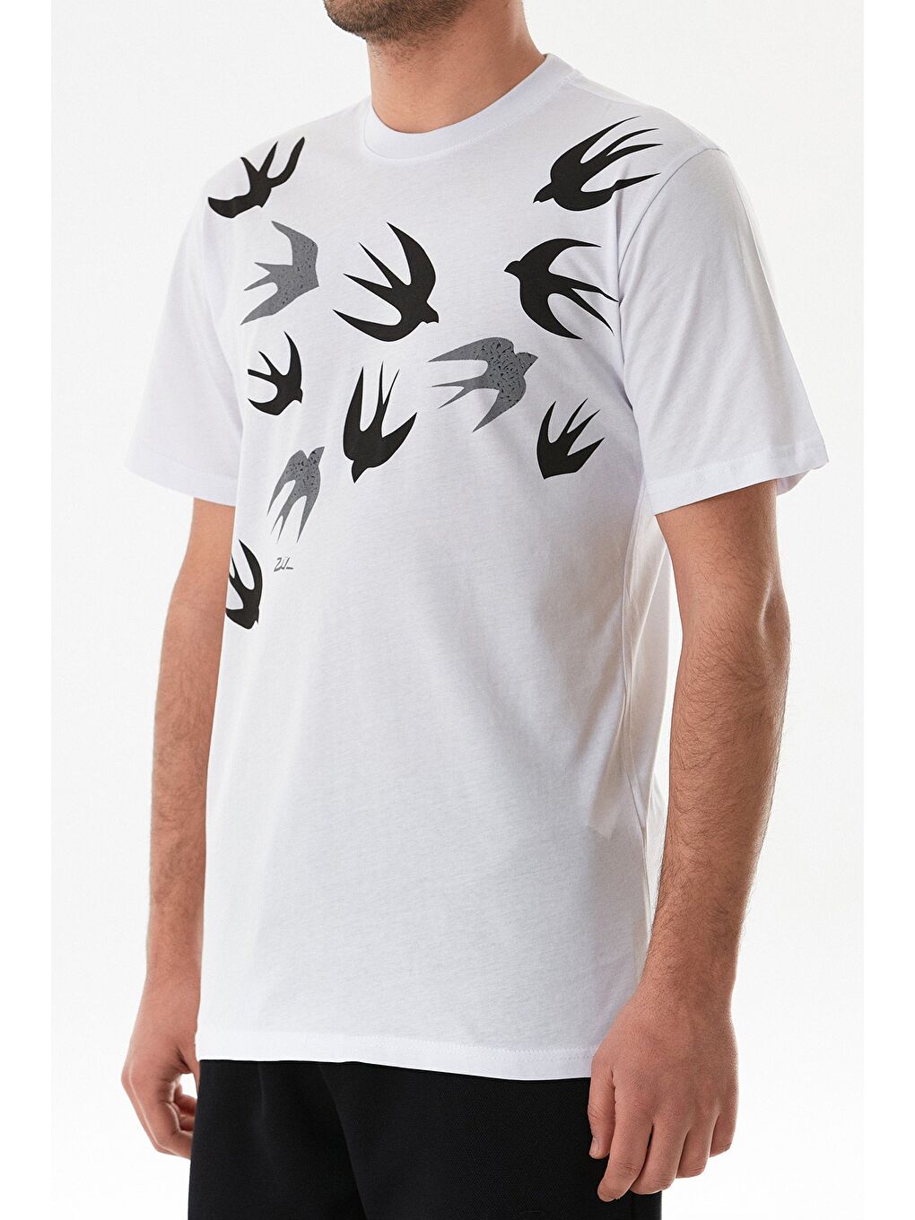 Beyaz Kuş Baskılı Bisiklet Yaka Tişört-4
