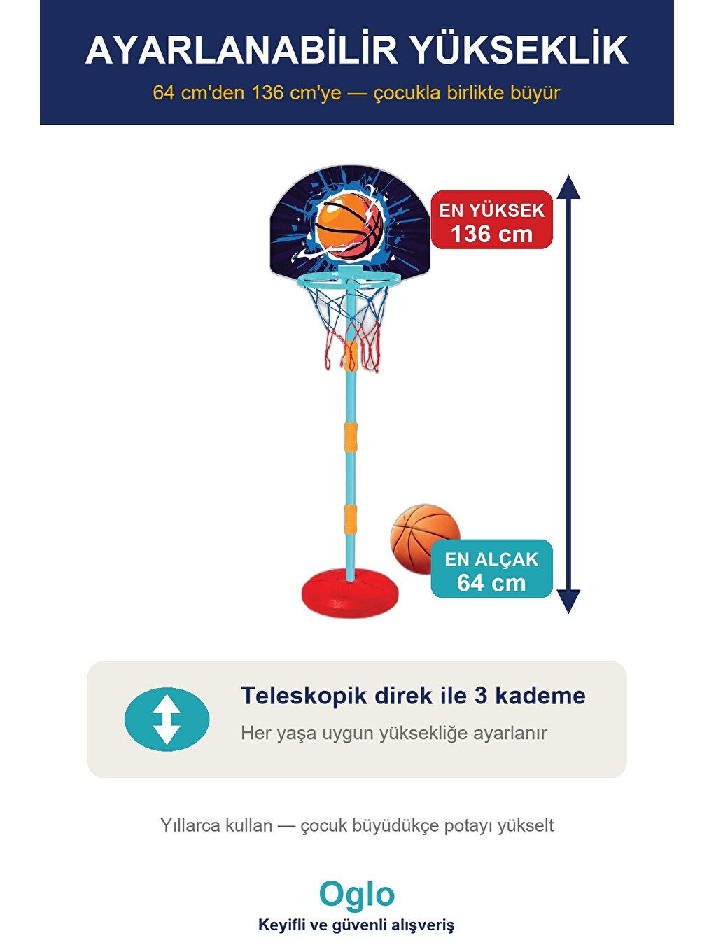 Basketbol Potası Seti Top Dahil — Yükseklik Ayarlı Ayaklı Çocuk Oyuncak Basket Potası, Ev Bahçe 3+ Y-1