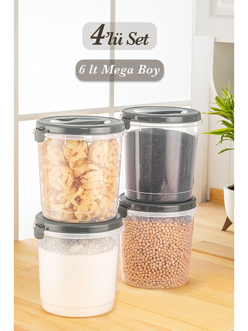 Gri 4 lü Un Makarna Bakliyat Kabı   Şeffaf Saklama Kutusu Mega Erzak Saklama Kabı 4x6 Lt