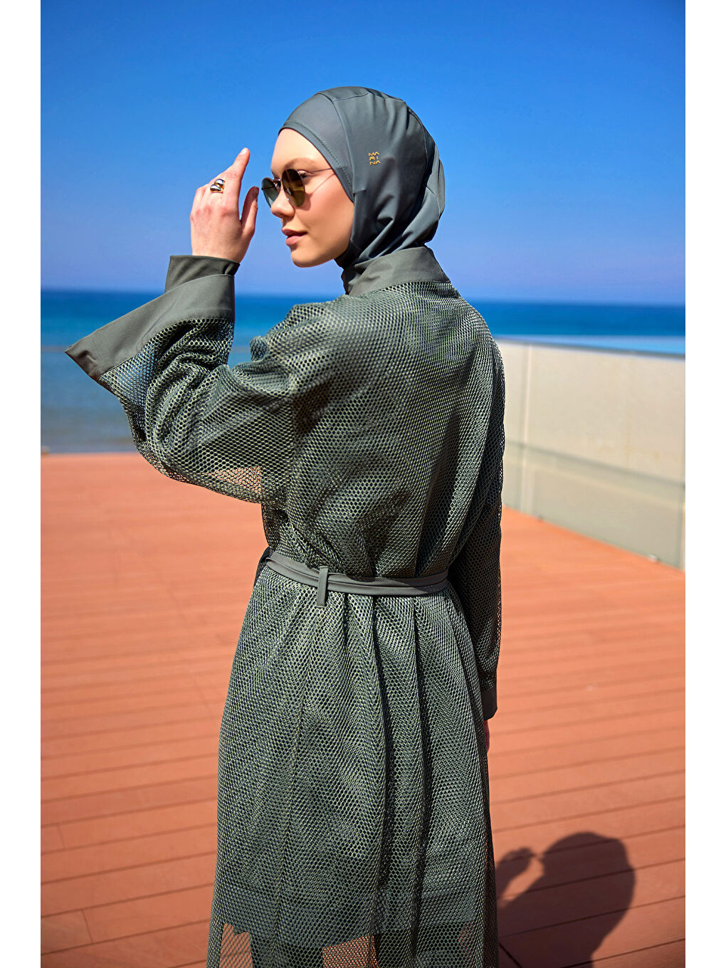 Haki Tül Detaylı Pareo Kaftan  P2501-3-2