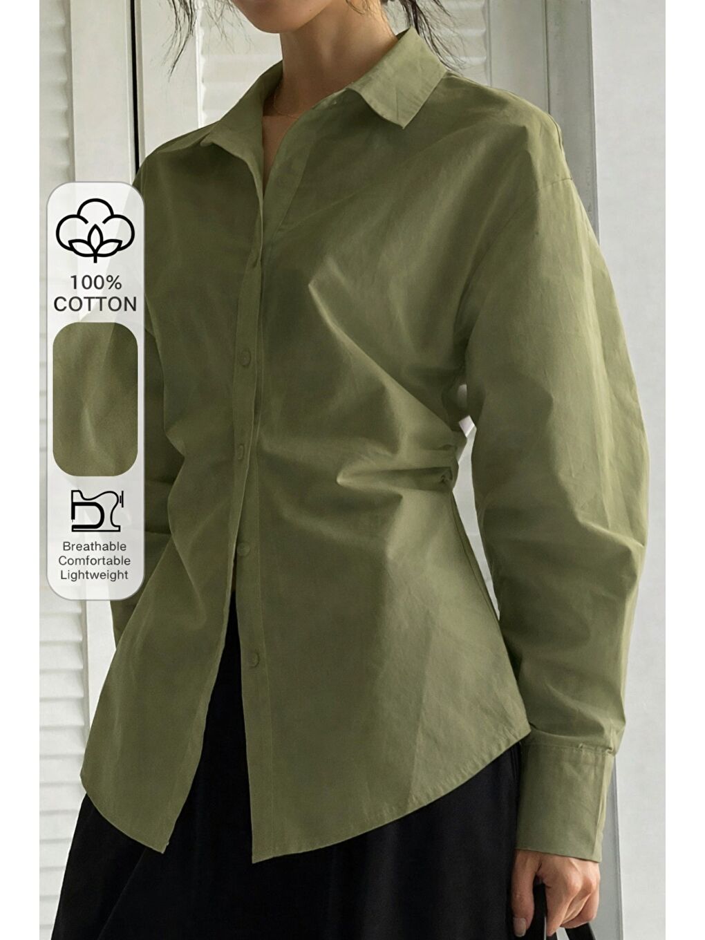 Haki Kadın Yan Büzgü Detaylı Gömlek Elastanlı Pamuklu Uzun Kollu Gömlek-1