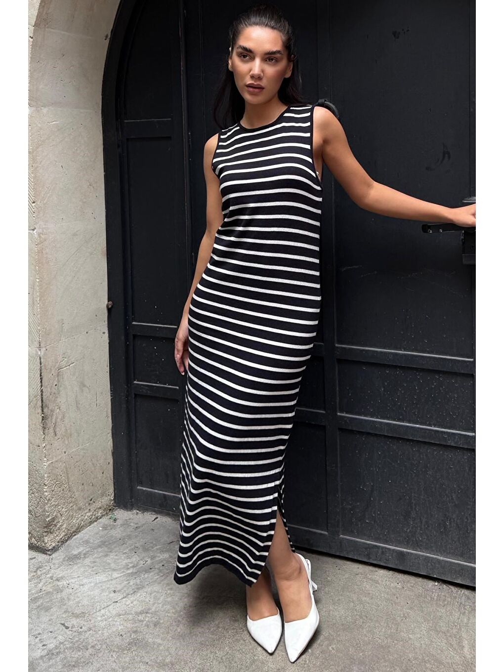 Lacivert Bisiklet Yaka Çizgili Günlük Elbise Mg2803-5