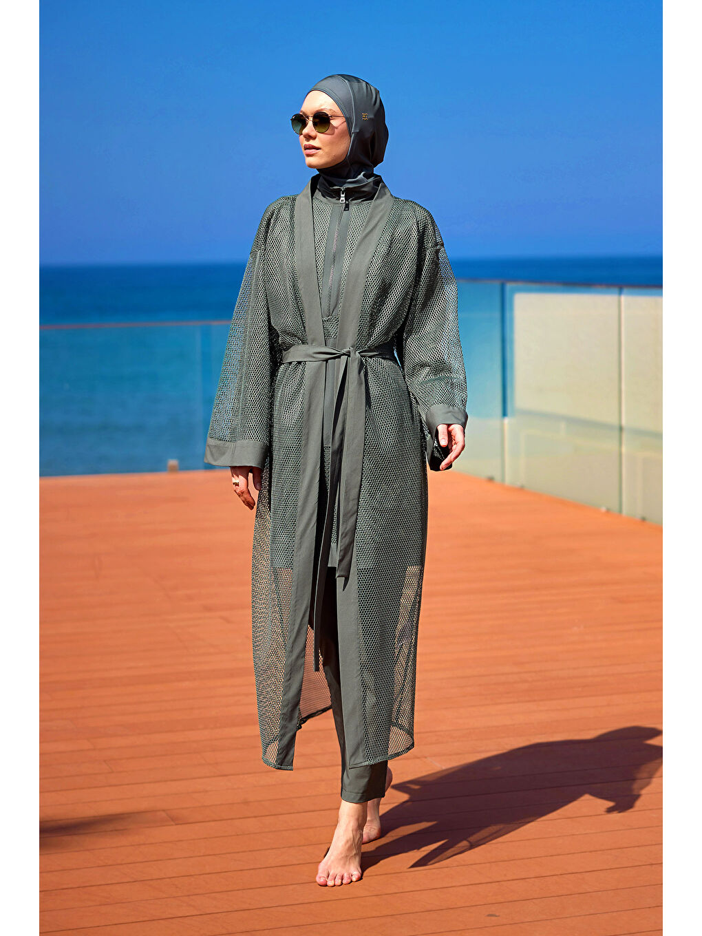 Haki Tül Detaylı Pareo Kaftan  P2501-3-3