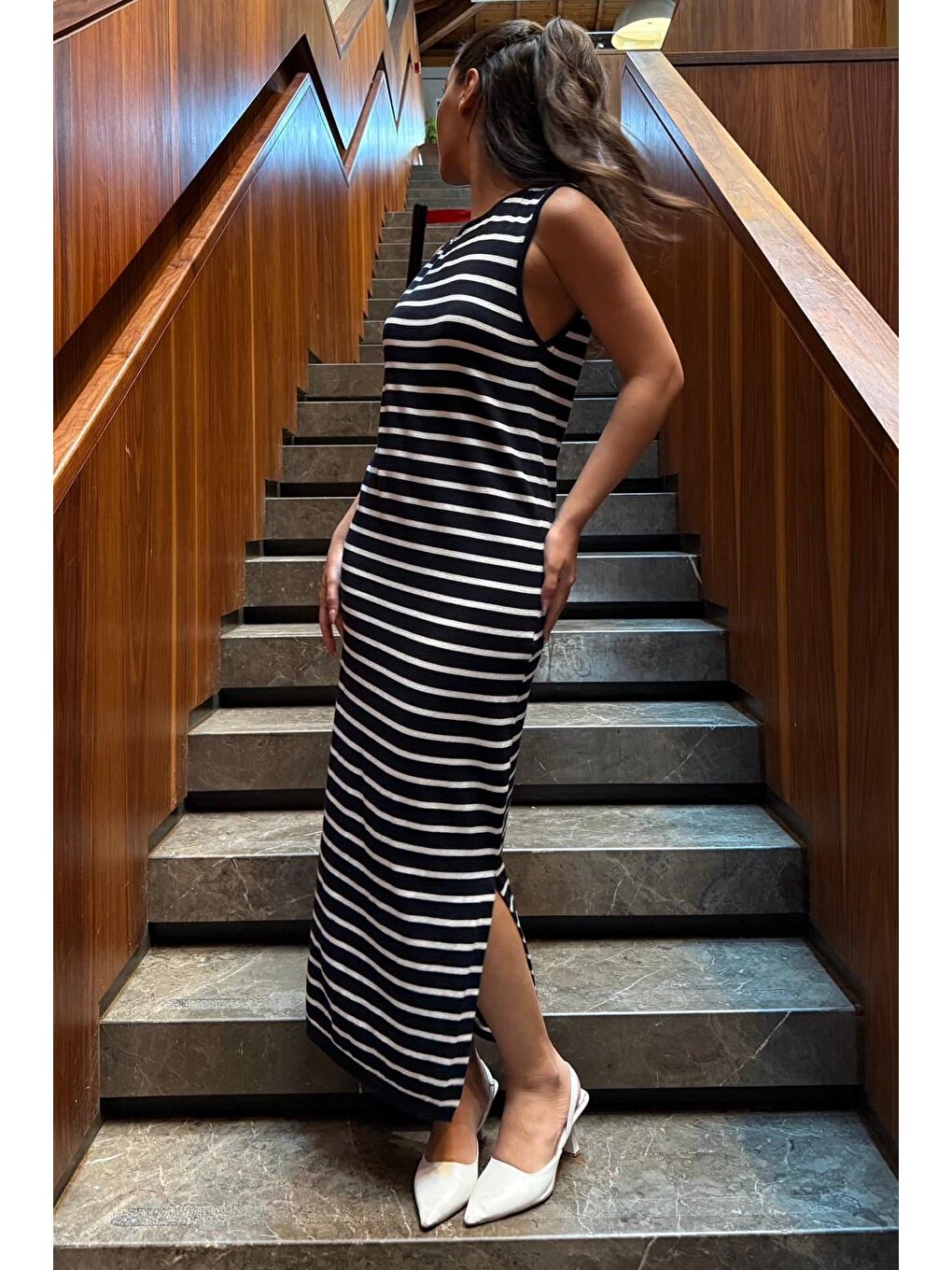 Lacivert Bisiklet Yaka Çizgili Günlük Elbise Mg2803-6