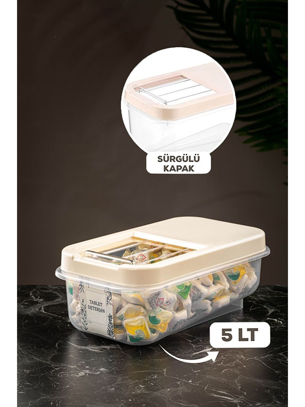 Ekru 5 Lt Kayar Kapaklı Tablet Deterjan Saklama Kabı   Etiketli Deterjan Saklama Kutusu Krem