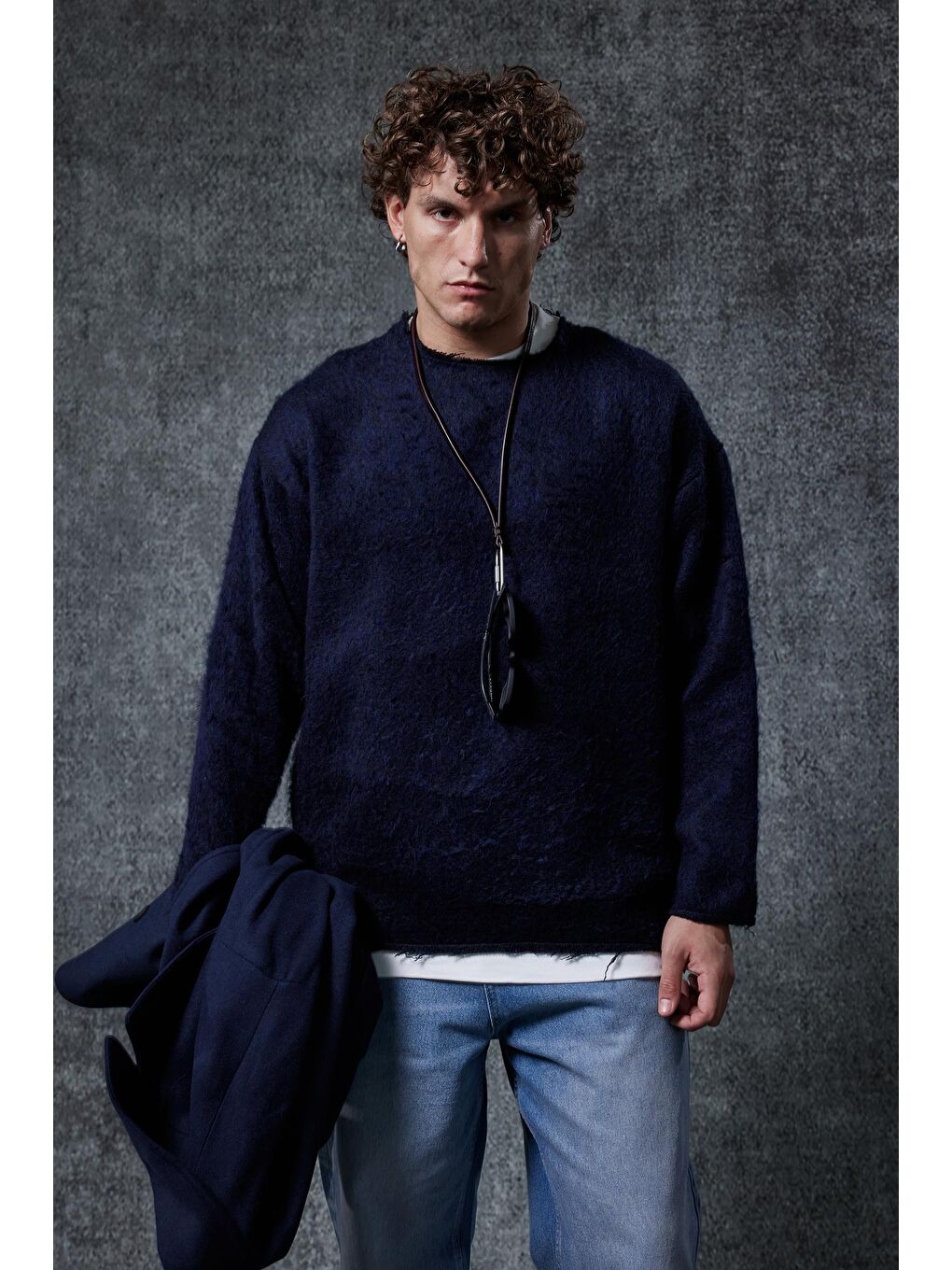 Erkek Dokulu Oversize Kazak Lacivert-1