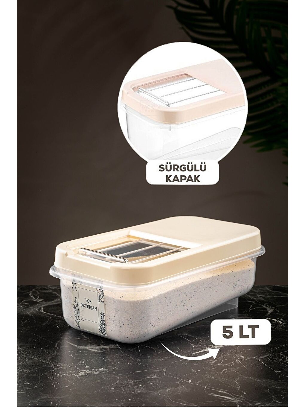 Ekru 5 Lt Kayar Kapaklı Tablet Deterjan Saklama Kabı   Etiketli Deterjan Saklama Kutusu Krem-1