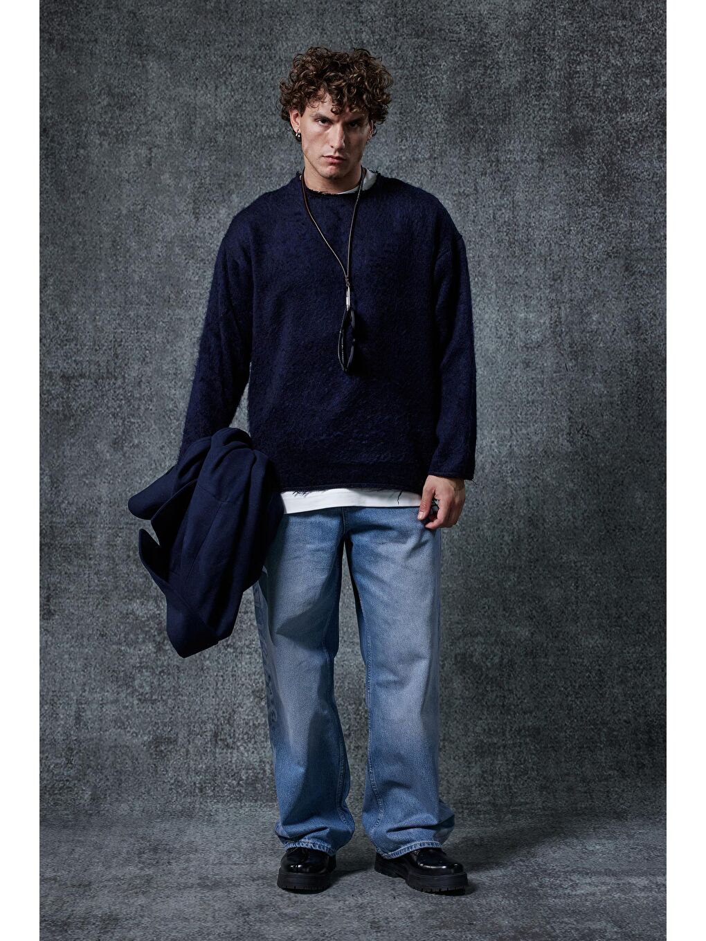 Erkek Dokulu Oversize Kazak Lacivert-2