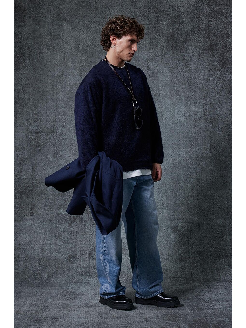 Erkek Dokulu Oversize Kazak Lacivert-3