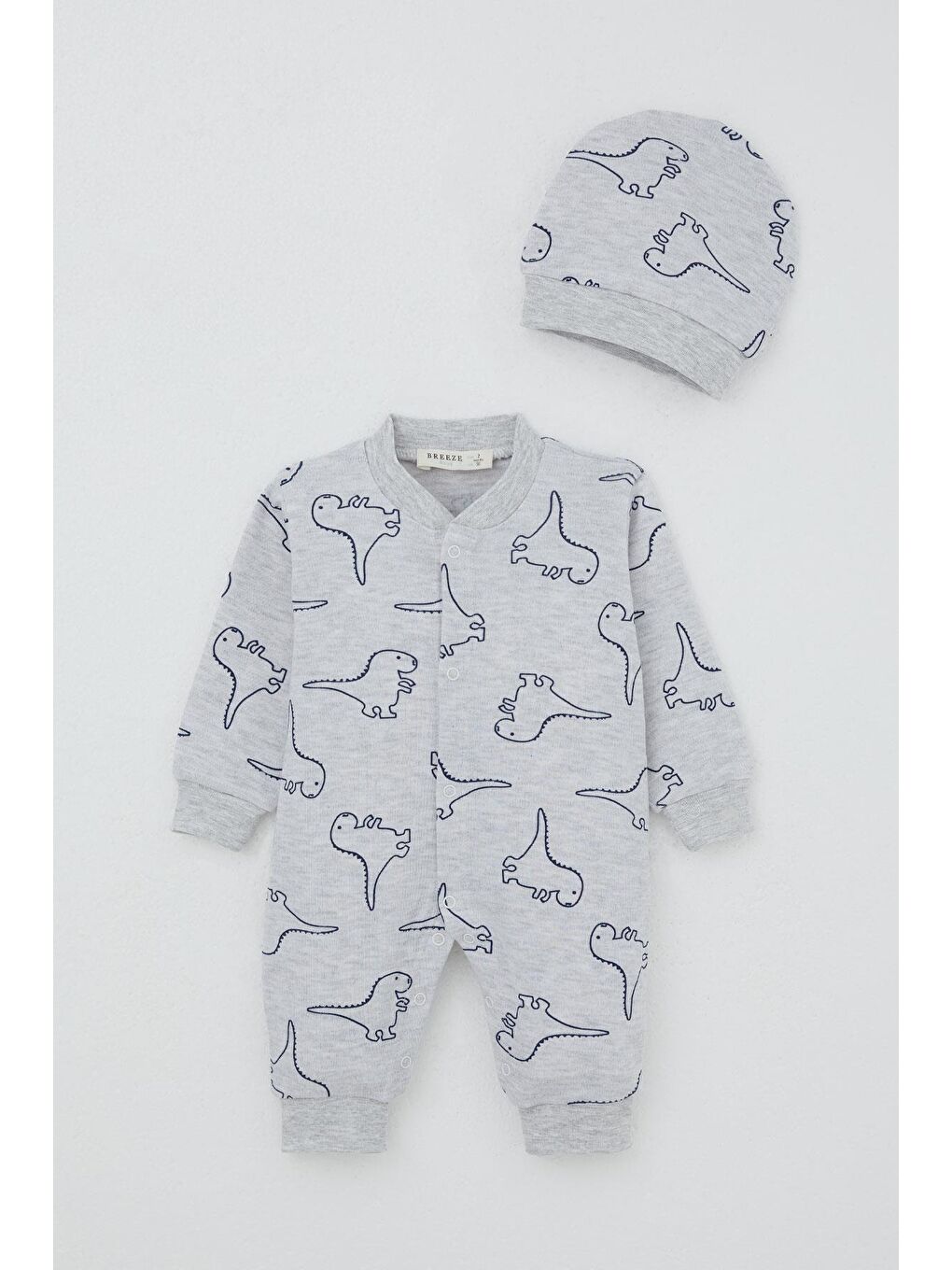 Erkek Bebek Patikli Tulum Sevimli Dinozor Desenli Açık Gri Melanj (4-6 Ay)