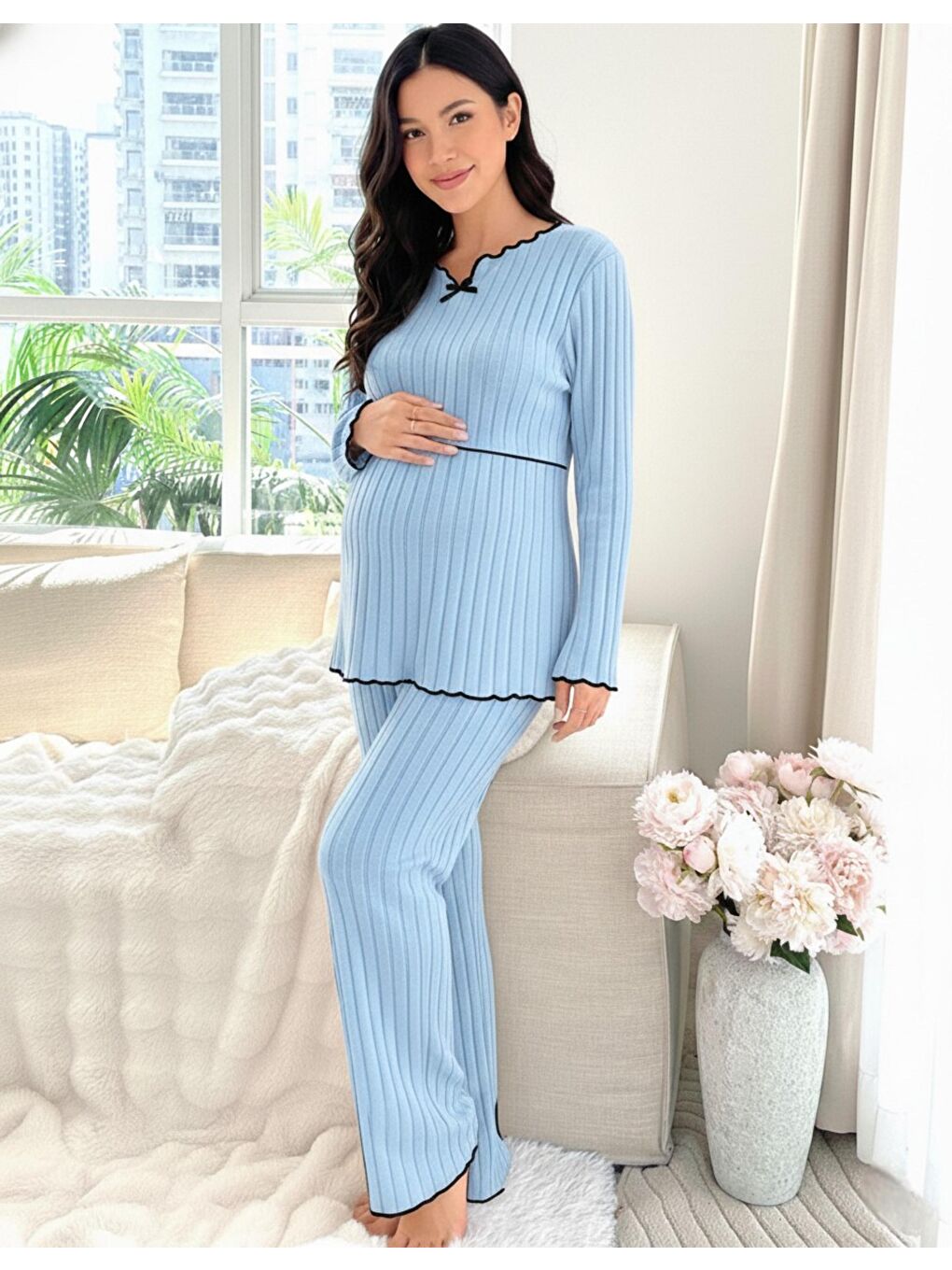 Bebe Mavisi Yumoş Dokulu Emzirmeye Uygun Ayarlanabilir Bel Destekli Hamile & Lohusa Pijama Takımı