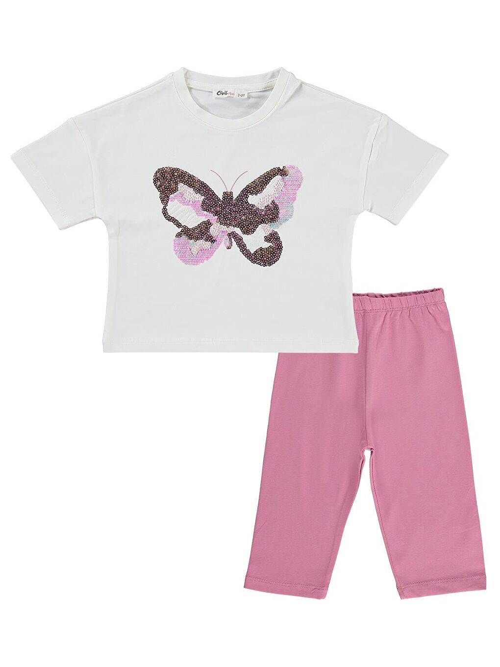 Girls Kelebek Nakışlı 2-5 Yaş Takım - Ekru-Soft Pembe-3