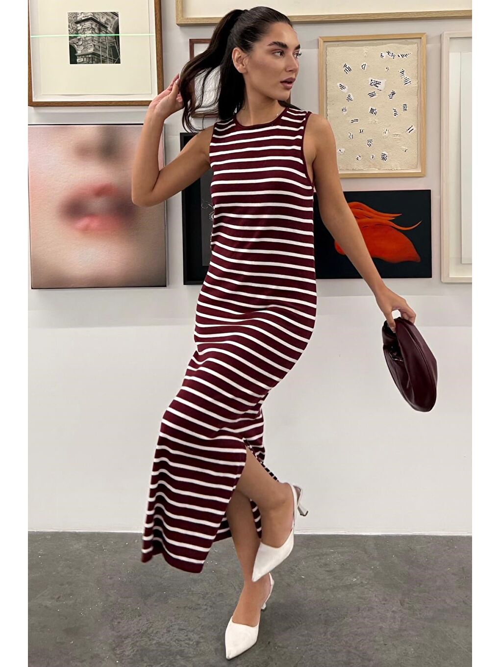 Bordo Bisiklet Yaka Çizgili Günlük Elbise Mg2803-1