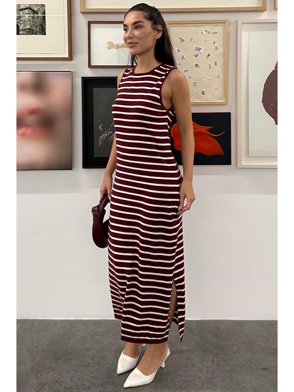 Bordo Bisiklet Yaka Çizgili Günlük Elbise Mg2803-2