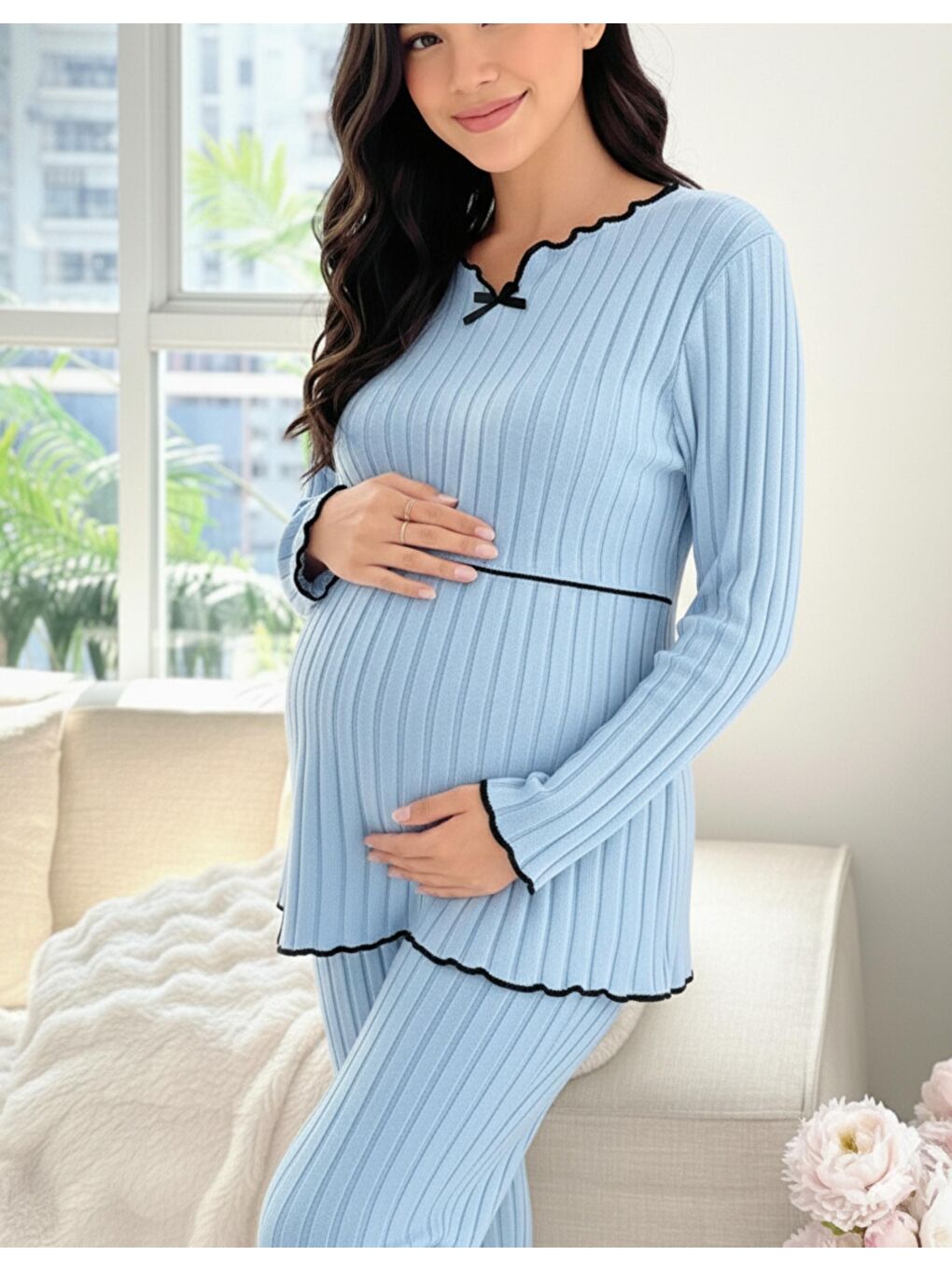 Bebe Mavisi Yumoş Dokulu Emzirmeye Uygun Ayarlanabilir Bel Destekli Hamile & Lohusa Pijama Takımı-1