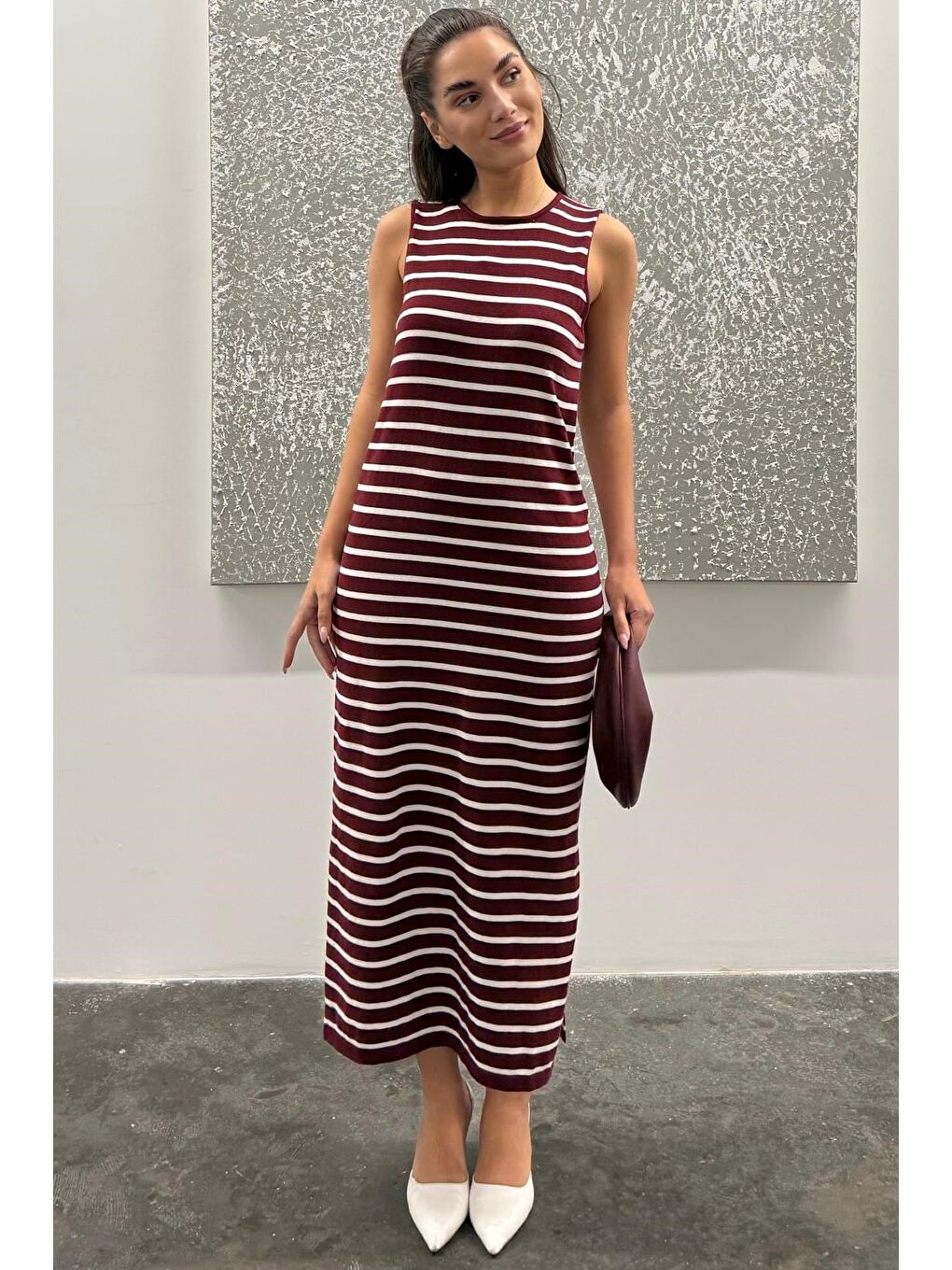 Bordo Bisiklet Yaka Çizgili Günlük Elbise Mg2803-3