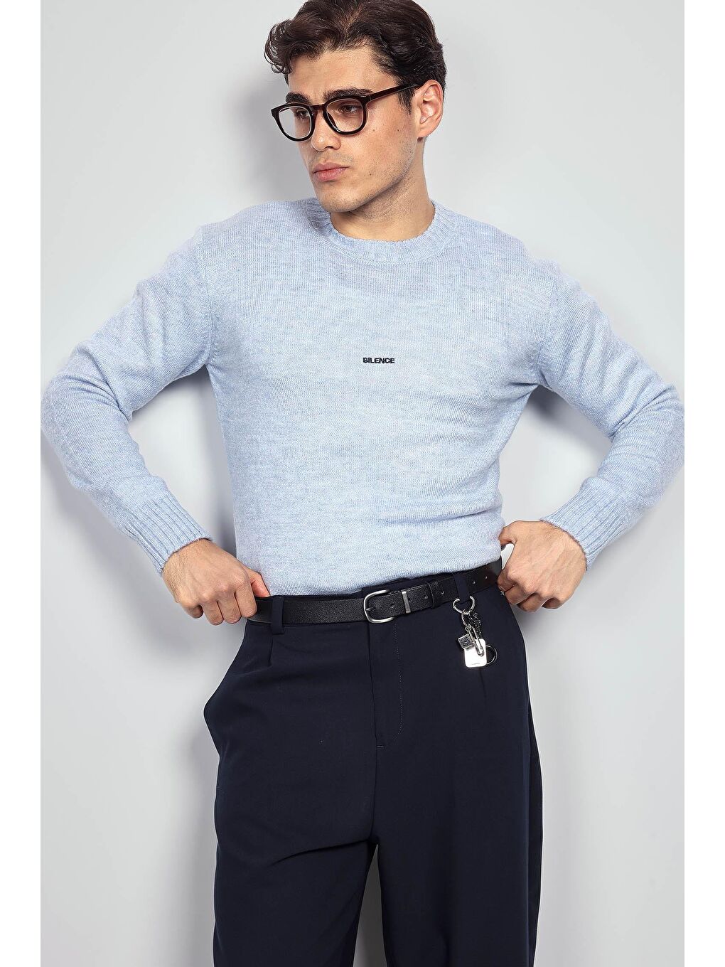 Erkek Regular Fit Bisiklet Yaka Kazak Açık Mavi