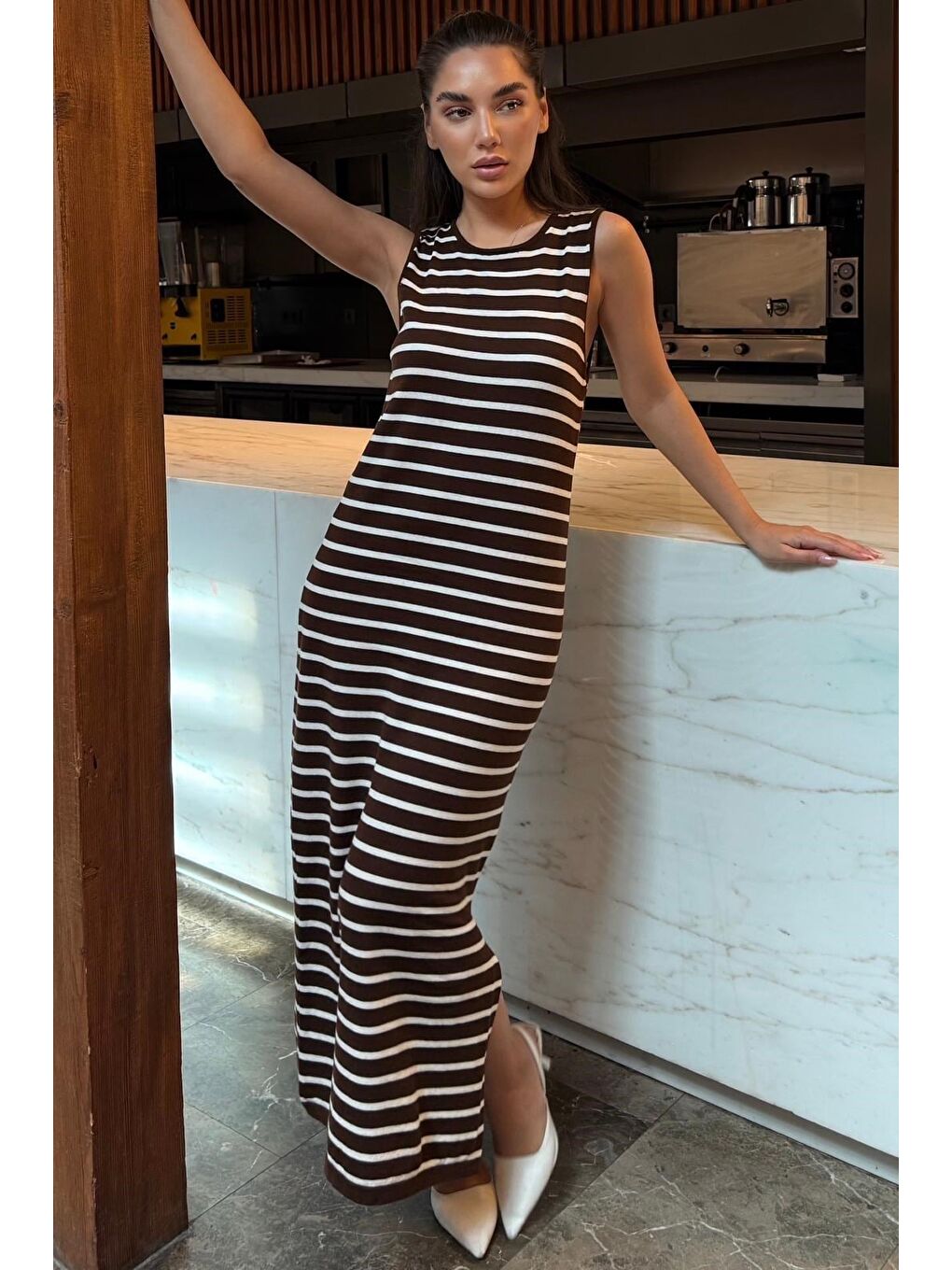 Kahverengi Bisiklet Yaka Çizgili Günlük Elbise Mg2803-1