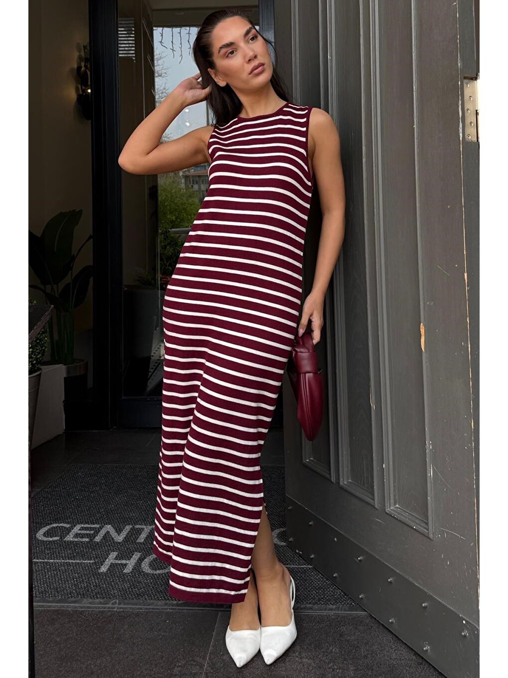 Bordo Bisiklet Yaka Çizgili Günlük Elbise Mg2803-4