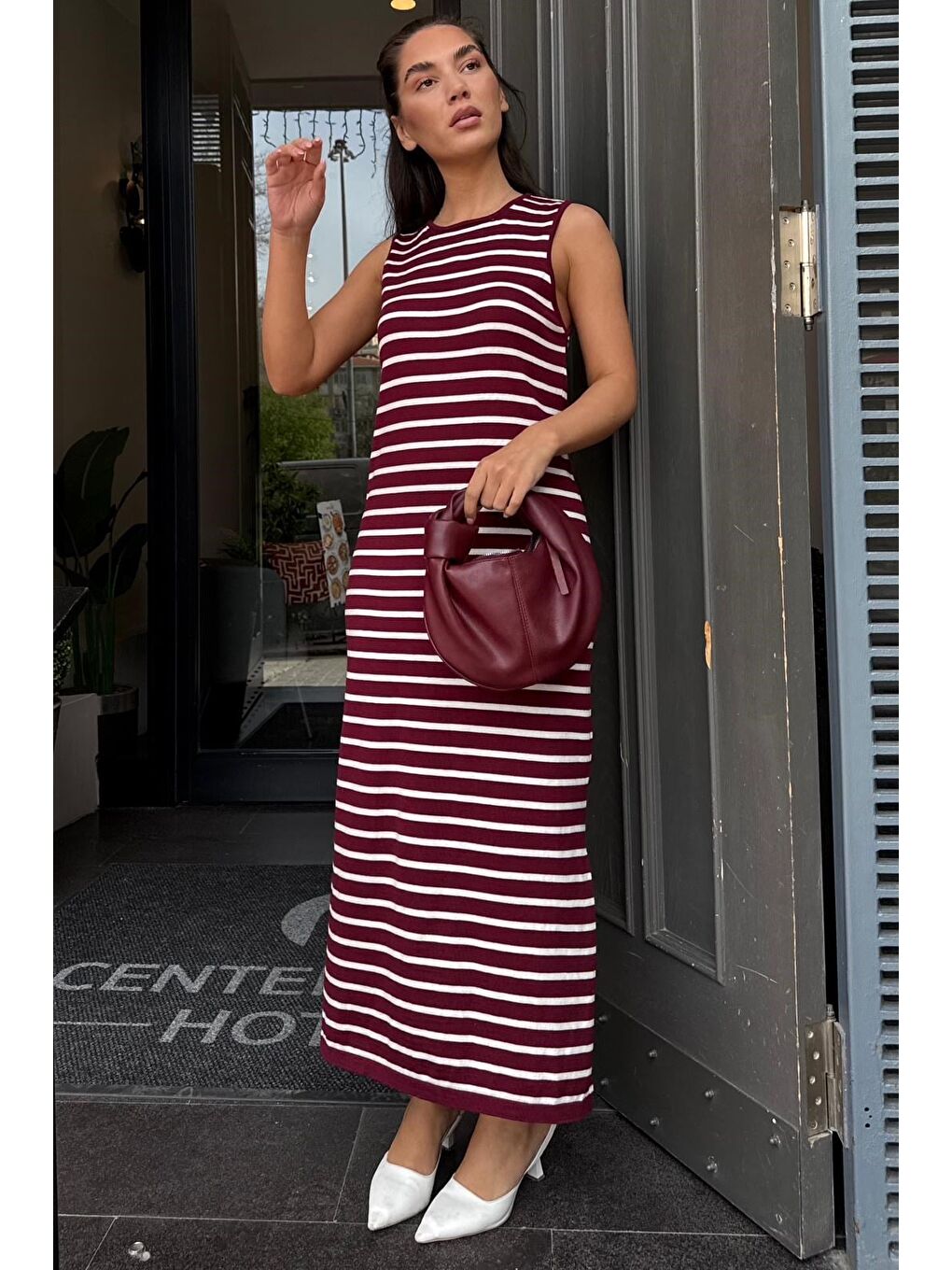 Bordo Bisiklet Yaka Çizgili Günlük Elbise Mg2803-5