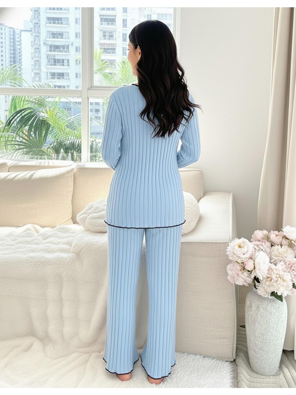 Bebe Mavisi Yumoş Dokulu Emzirmeye Uygun Ayarlanabilir Bel Destekli Hamile & Lohusa Pijama Takımı-2