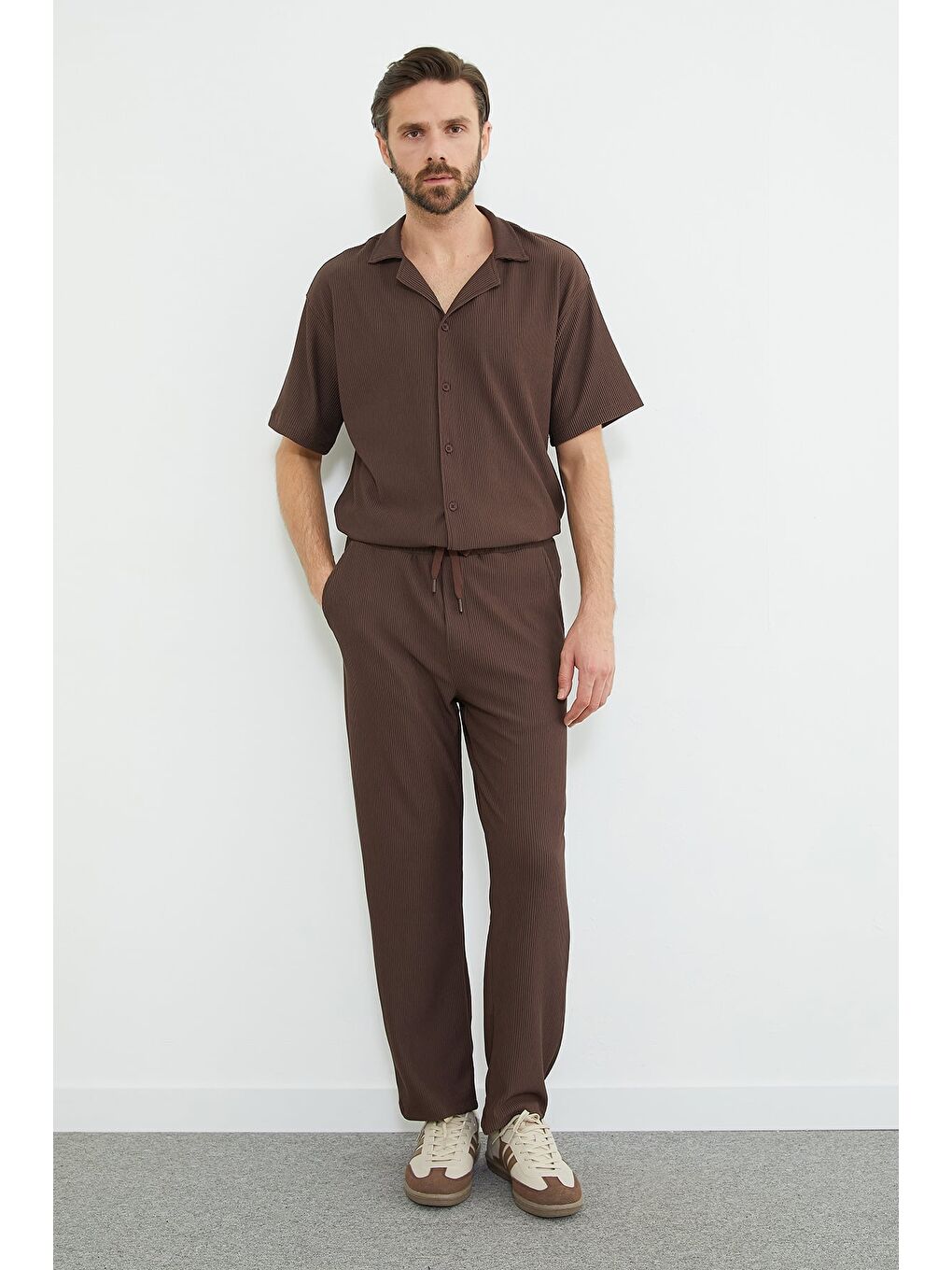 Kahverengi Beli Lastikli Fitilli Cepli Pantolon-1