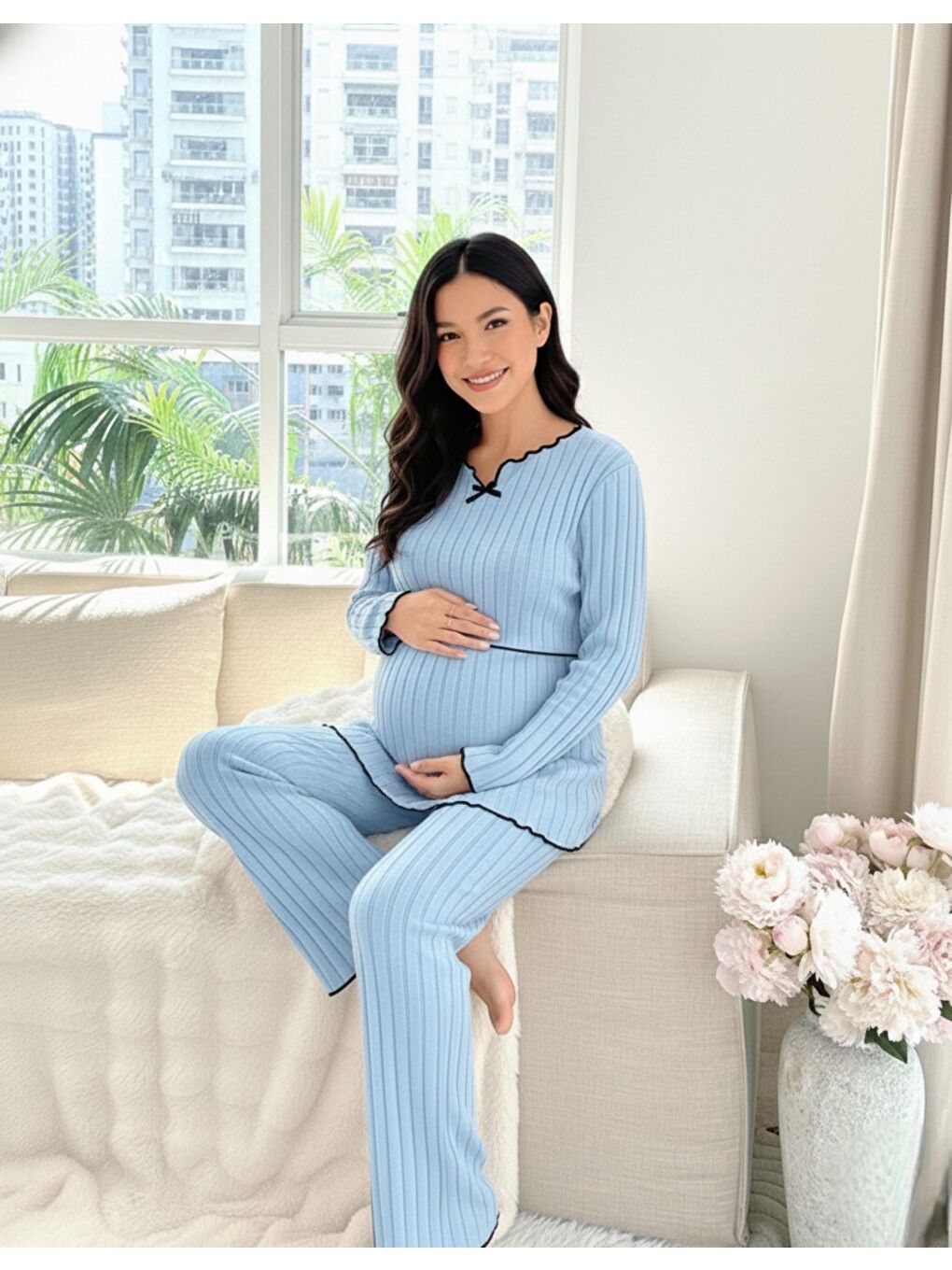 Bebe Mavisi Yumoş Dokulu Emzirmeye Uygun Ayarlanabilir Bel Destekli Hamile & Lohusa Pijama Takımı-3