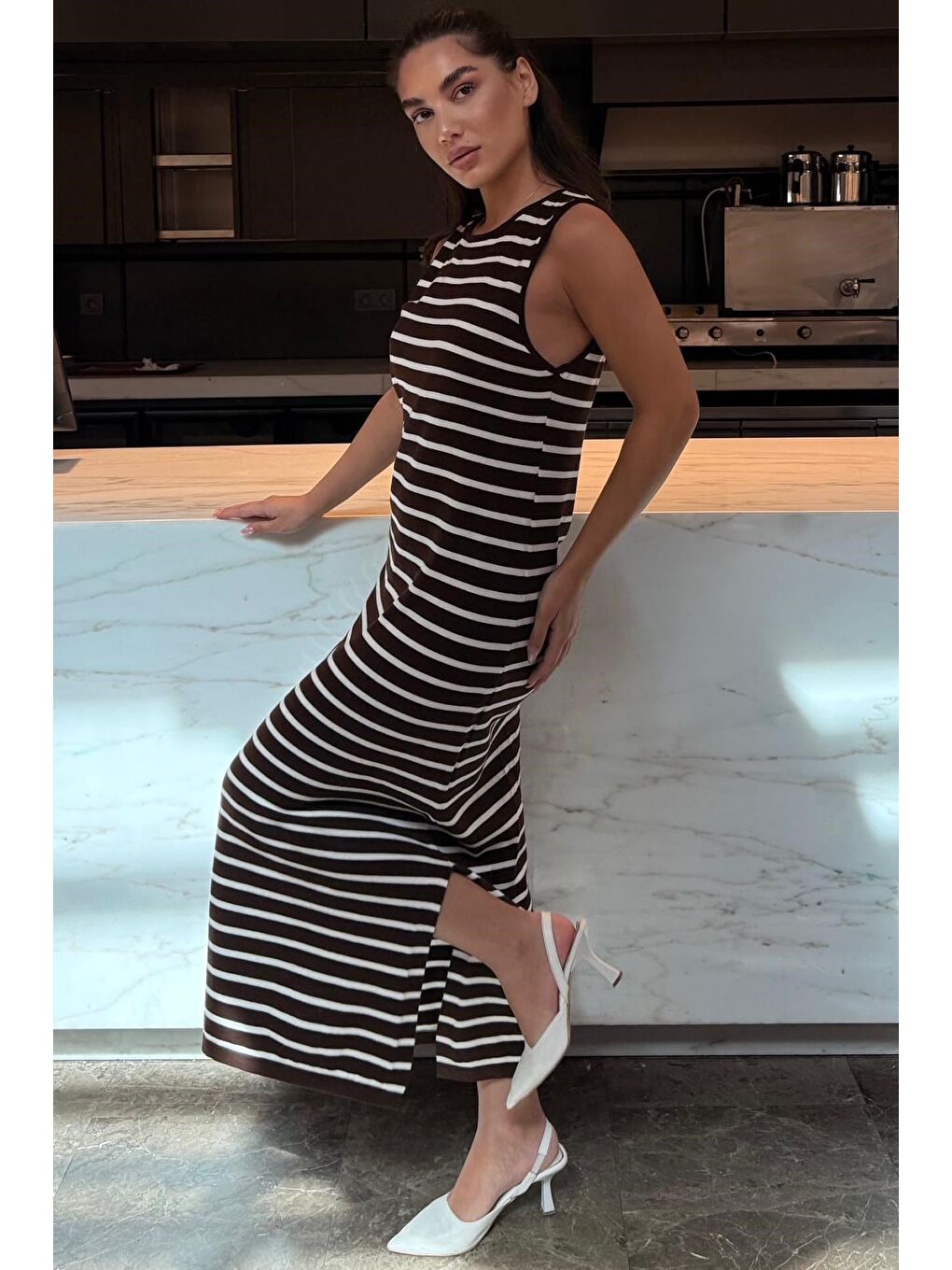 Kahverengi Bisiklet Yaka Çizgili Günlük Elbise Mg2803-2