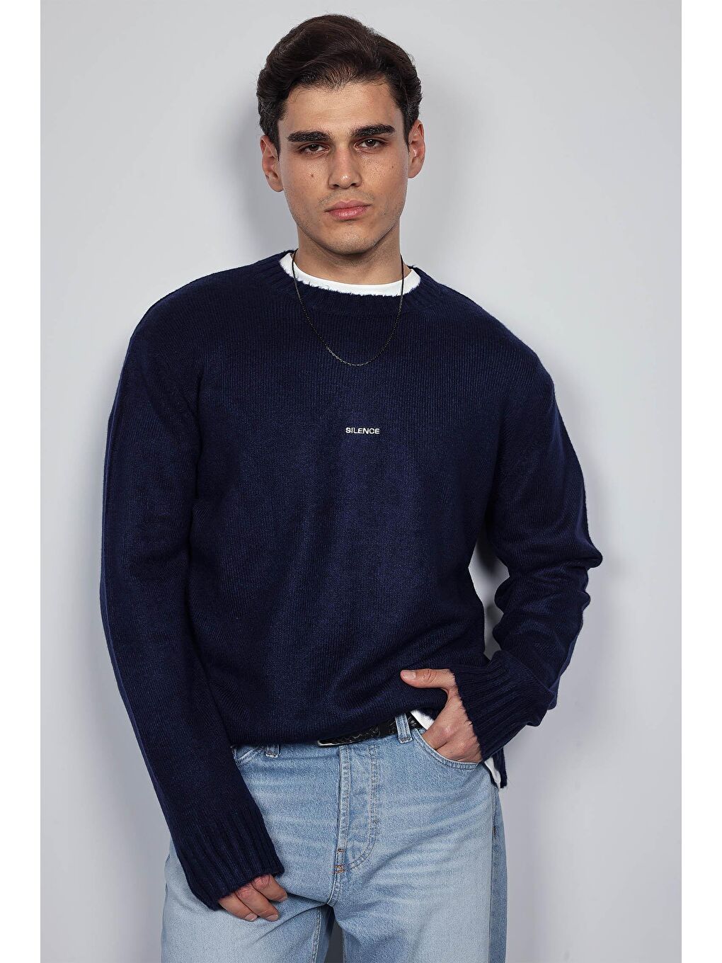 Erkek Regular Fit Bisiklet Yaka Kazak Lacivert-1