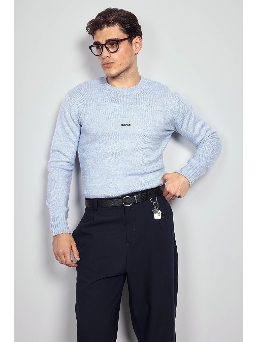 Erkek Regular Fit Bisiklet Yaka Kazak Açık Mavi-1