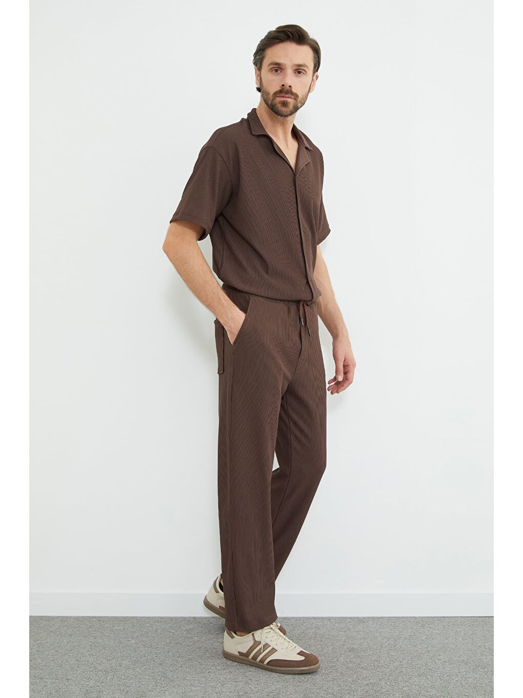 Kahverengi Beli Lastikli Fitilli Cepli Pantolon-3