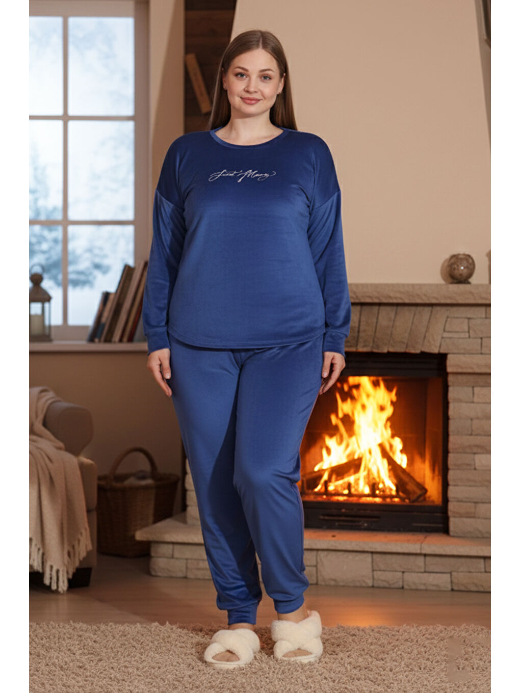 Kadın Battal Kadife Baskılı Pijama Takım 25394 İndigo