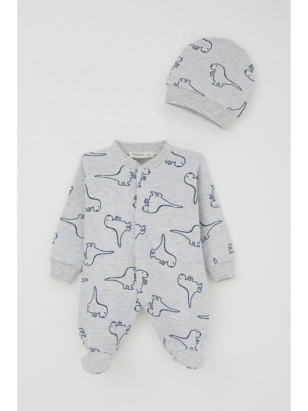 Erkek Bebek Patikli Tulum Sevimli Dinozor Desenli Açık Gri Melanj (0-6 Ay)