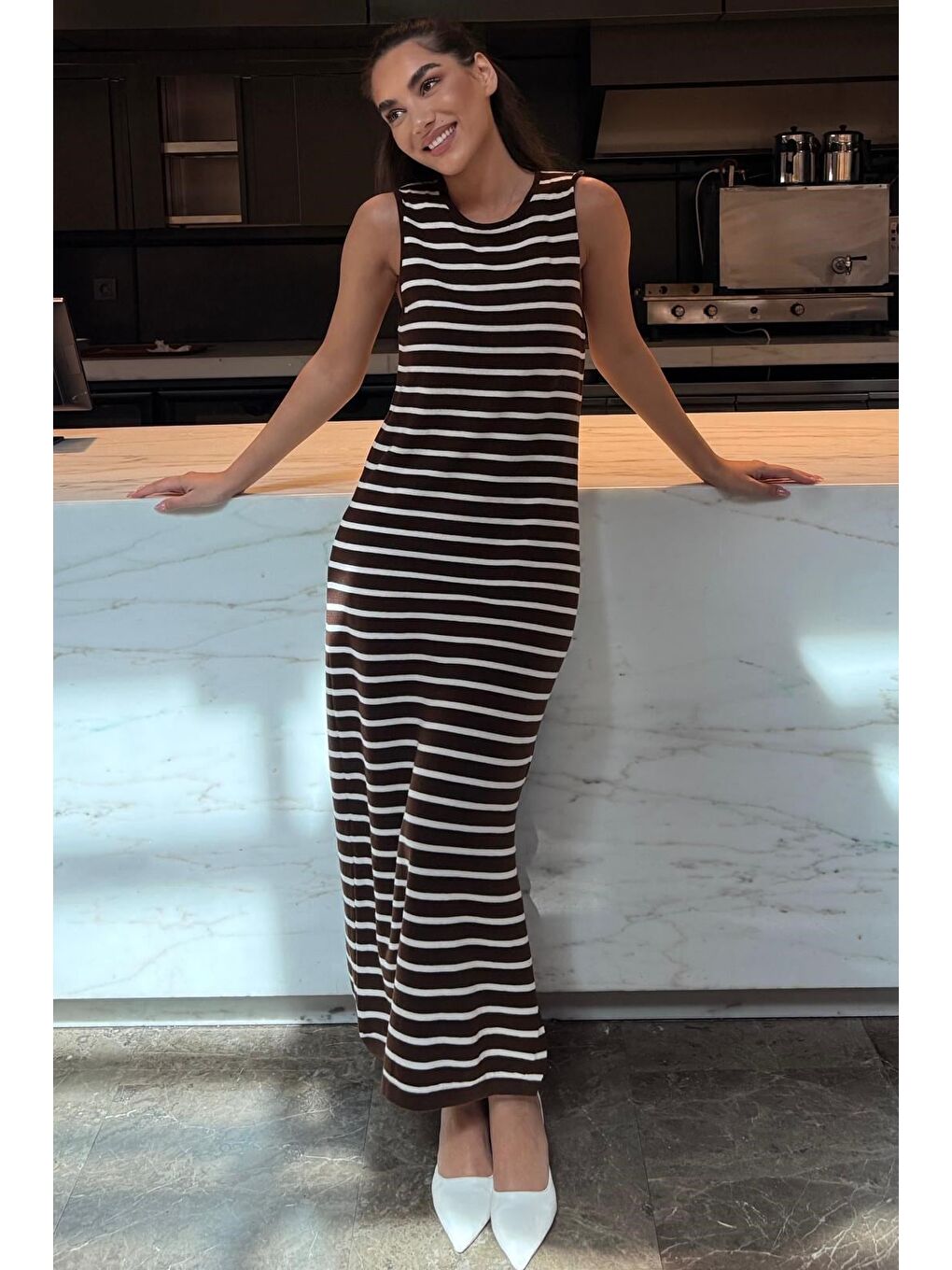 Kahverengi Bisiklet Yaka Çizgili Günlük Elbise Mg2803-3