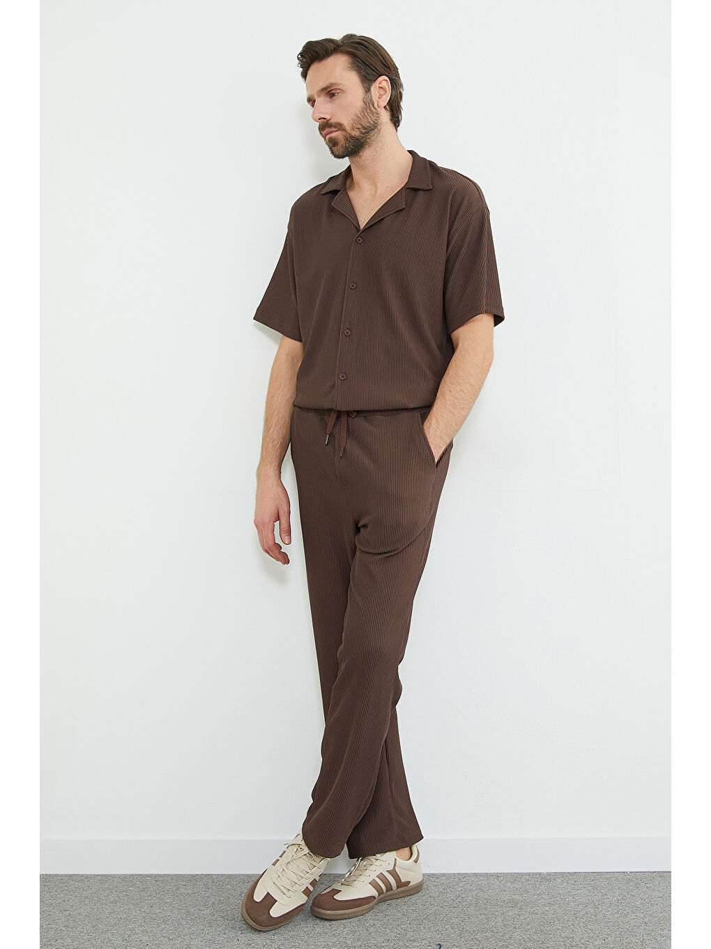 Kahverengi Beli Lastikli Fitilli Cepli Pantolon-4