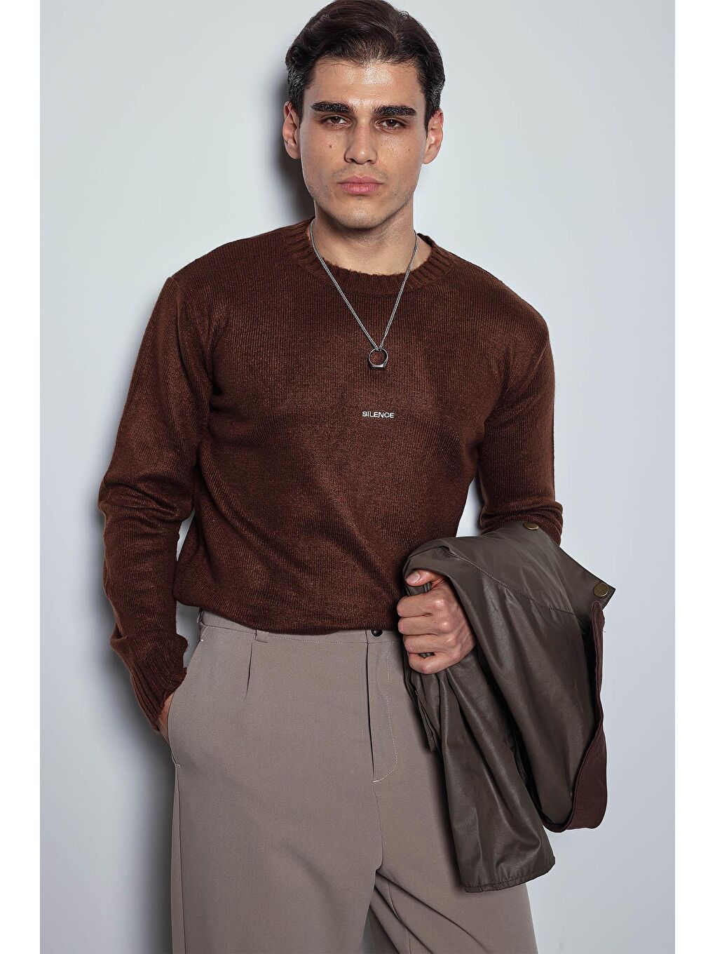 Kahverengi Erkek Regular Fit Bisiklet Yaka Kazak Kahve-1