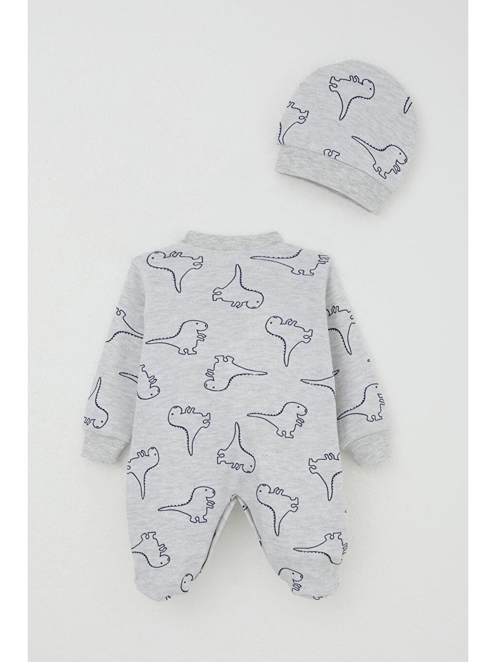 Erkek Bebek Patikli Tulum Sevimli Dinozor Desenli Açık Gri Melanj (0-6 Ay)-1