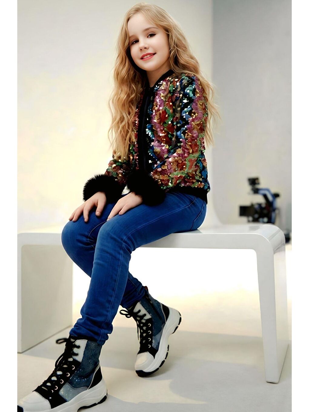 Kız Çocuk Pullu Zikzak Desenli Kürklü Ceket ve Jean Pantolon Siyah Alt Üst Takım-1