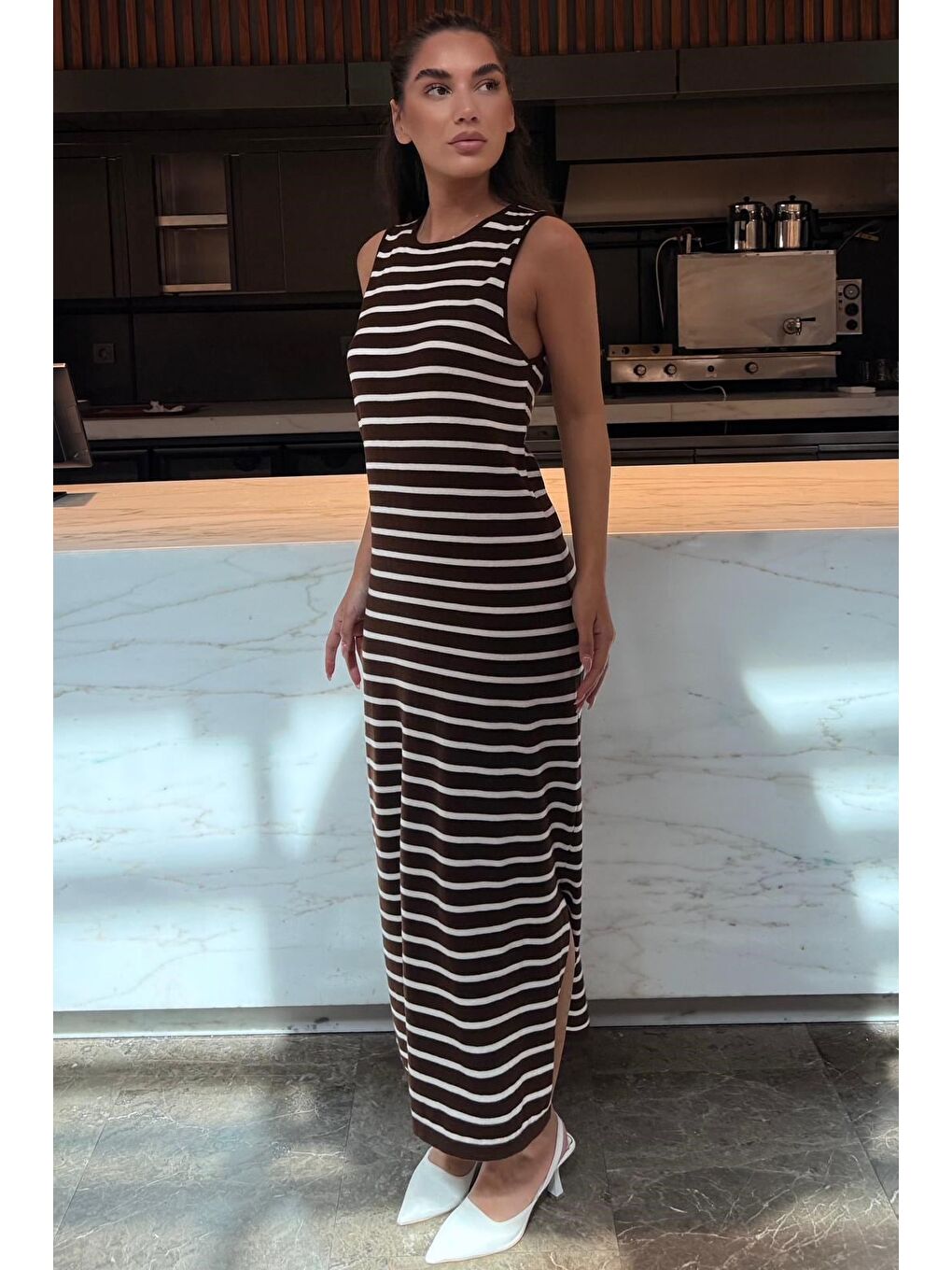 Kahverengi Bisiklet Yaka Çizgili Günlük Elbise Mg2803-4