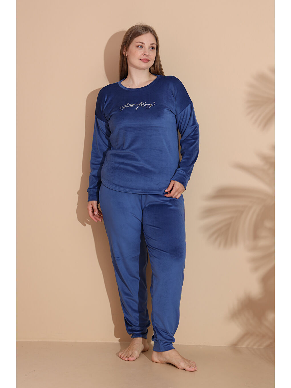 Kadın Battal Kadife Baskılı Pijama Takım 25394 İndigo-2